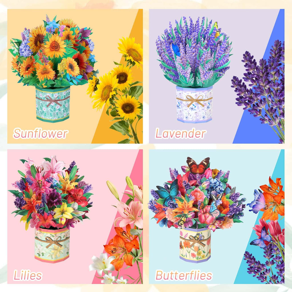 4Pack Paper Flower Pop Up Cards, Flower Bouquet Card Popup 3D Greeting Cards for Mother's Day, Graduation, Anniversary, Birthday, Congratulations, Get Well, Home Decor, with Envelope and Note