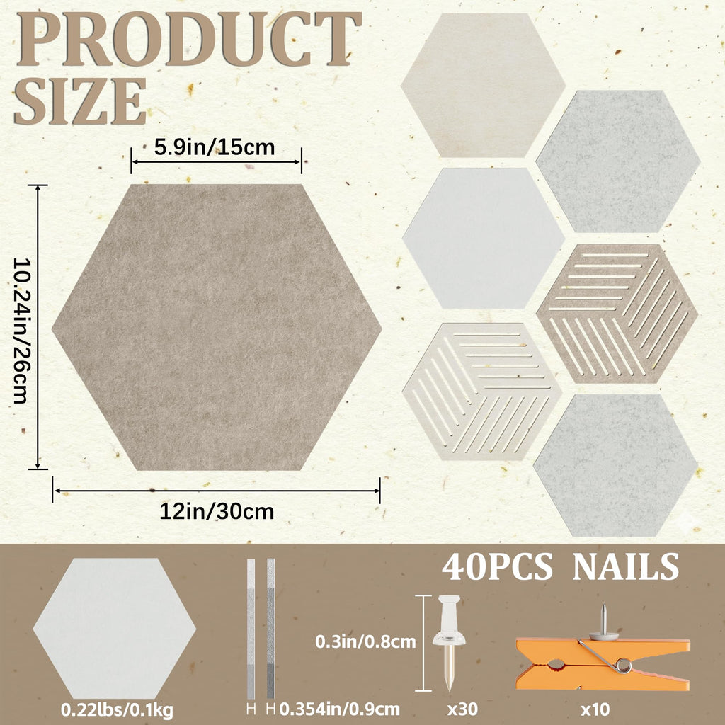 Hexagon Large Felt Bulletin Board Tiles - Cork Board Alternative for Wall 8 Pack Pin Board with 40 Push Pins, DIY Decor for Office Home Classroom Photos Memos