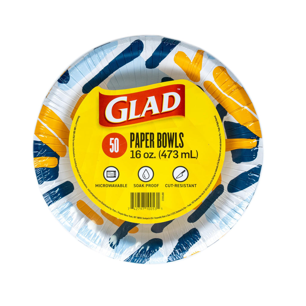 Glad Round Disposable Paper Bowls, Scribble Abstract Design - Heavy Duty, Soak Proof, Cut-Resistant, Microwavable Bowl for All Foods & Daily Use, 16 Oz, 50 Count