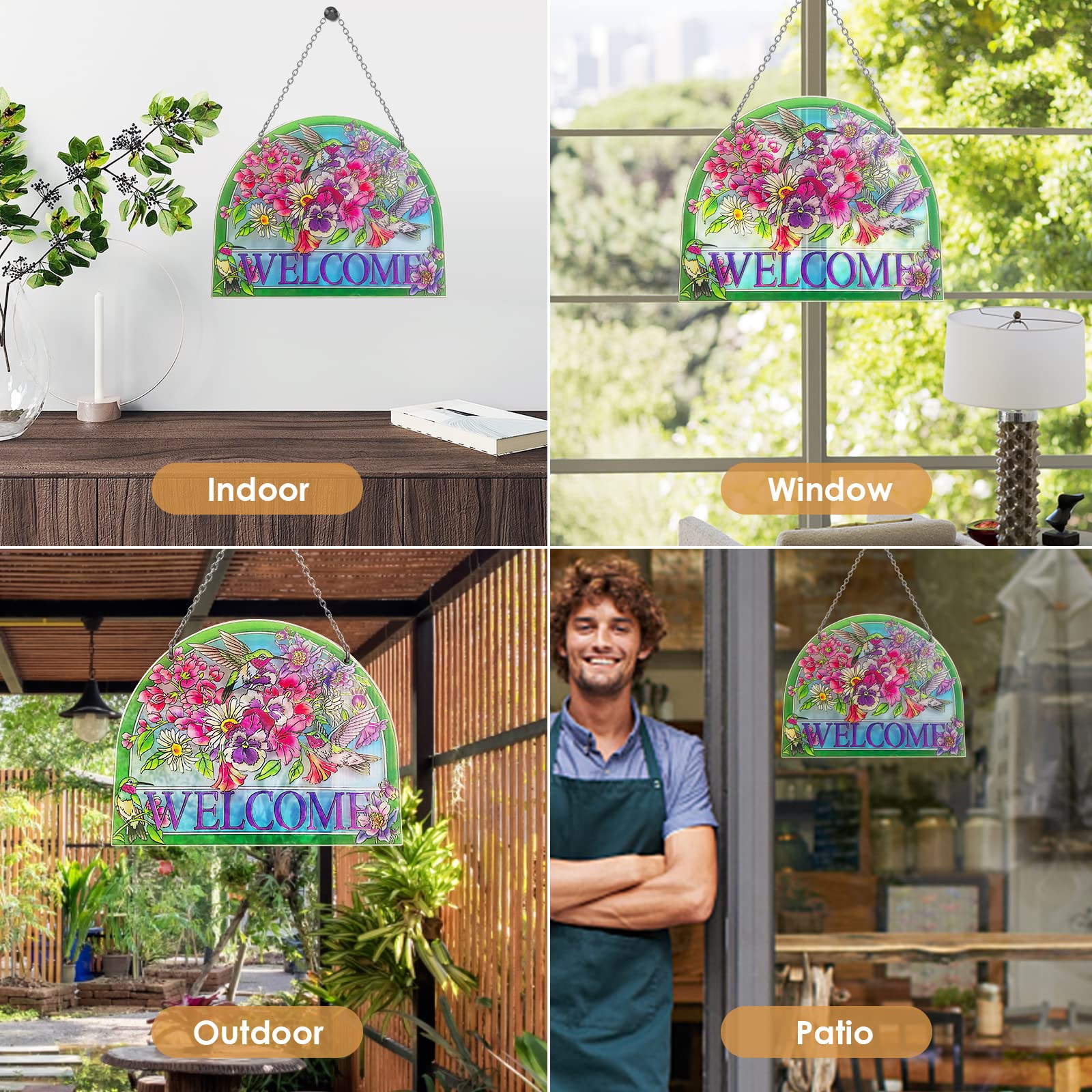 Welcome Hummingbird Sun Catcher - Hummingbird Stained Glass Suncatchers - Welcome Sign Hummingbird Decor, Vibrant Flowers Window Hanging, 7.8’’*6.5’’ Stained Glass Birds with Suction Cup