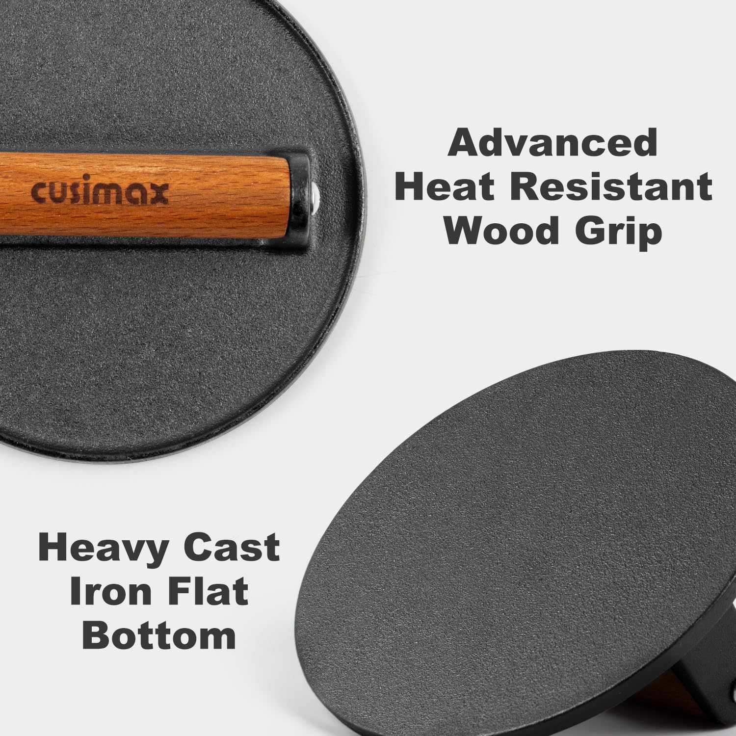 CUSIMAX Smashed Burger Press Cast Iron, 6.3" Heavy-Duty Burger Smasher with Wood Grip, Round Flat Grill Press for Smash Burgers, Meats, Bacon, Burger Smasher Tool for Grill&Griddle Accessories