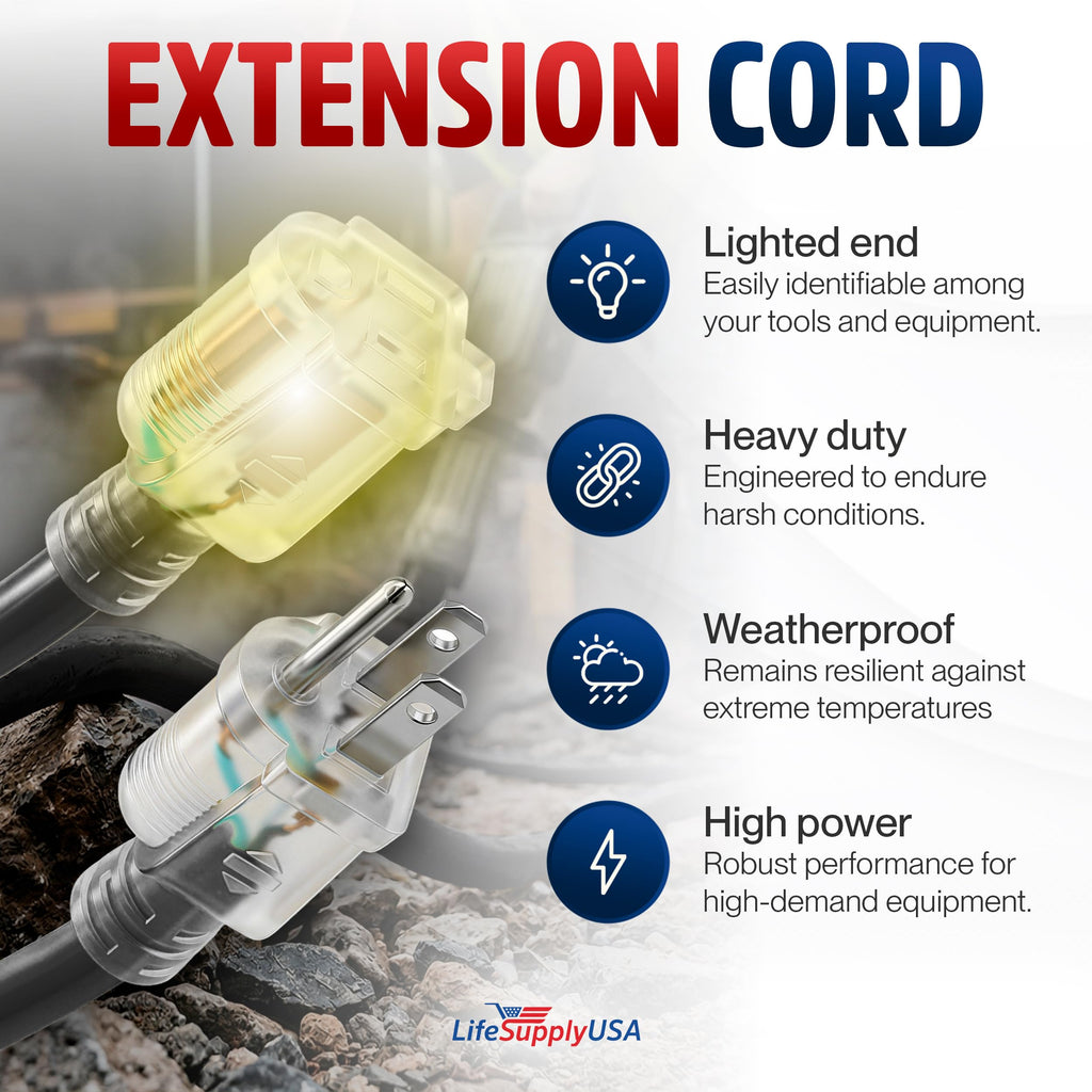 10ft Outdoor/Indoor Extension Cord 12/3 Gauge Extra Heavy Duty 3 Prong SJTW, Waterproof, Flexible Cold-Resistant Long Power Cord,15A 125V 1875W, Black by LifeSupplyUSA