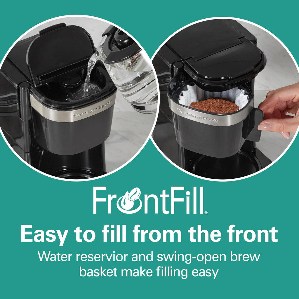 Hamilton Beach FrontFill Mini Brew 5 Cup Coffee Maker, Compact Drip Coffee Maker with Glass Carafe, Auto Pause & Pour, Illuminated On/Off Switch, Black (46112)