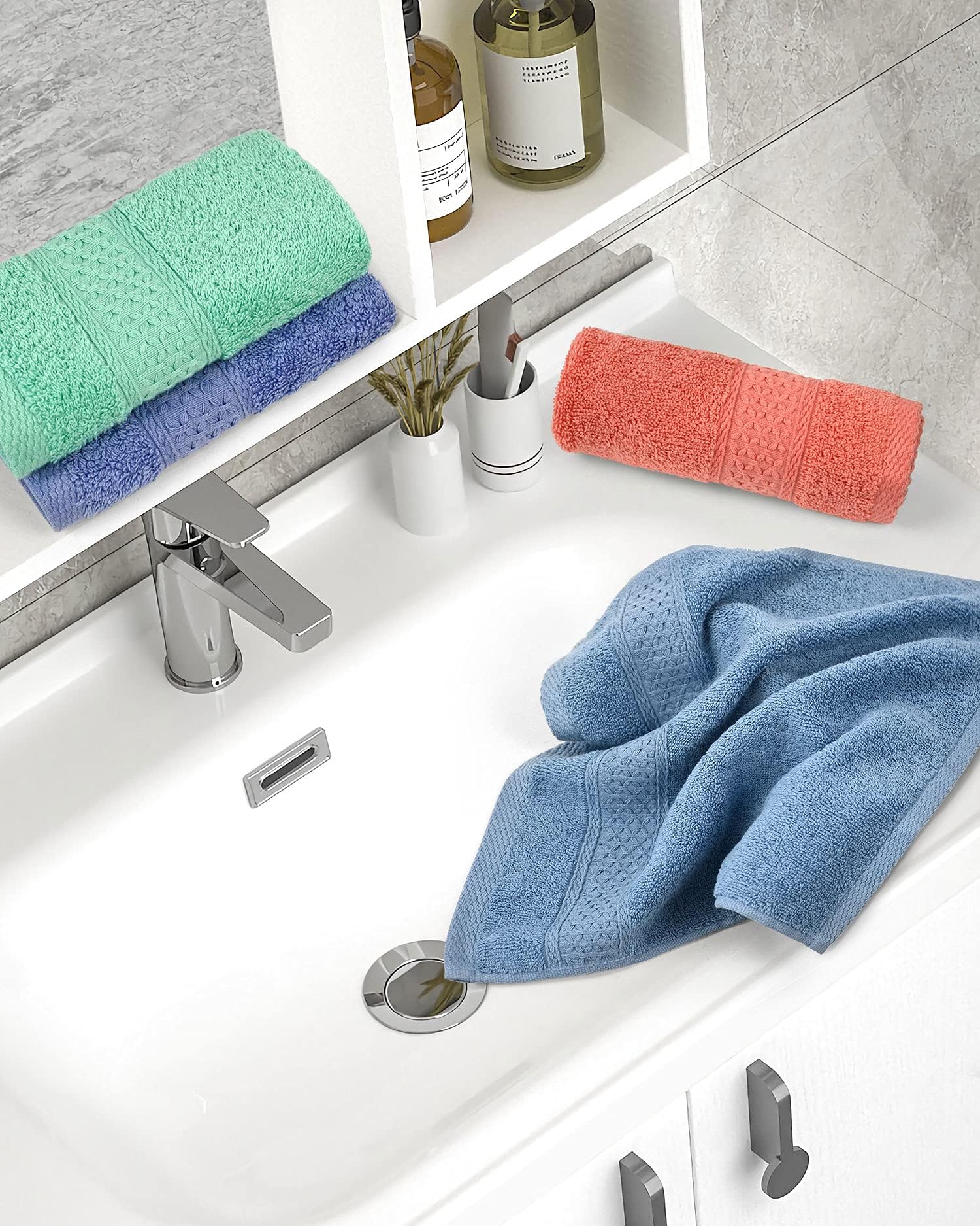 Cleanbear Face-Cloth Washcloths Set,100% Cotton, High Absorbent, 6-Pack 6 Colors, Size13 x13-deep Color