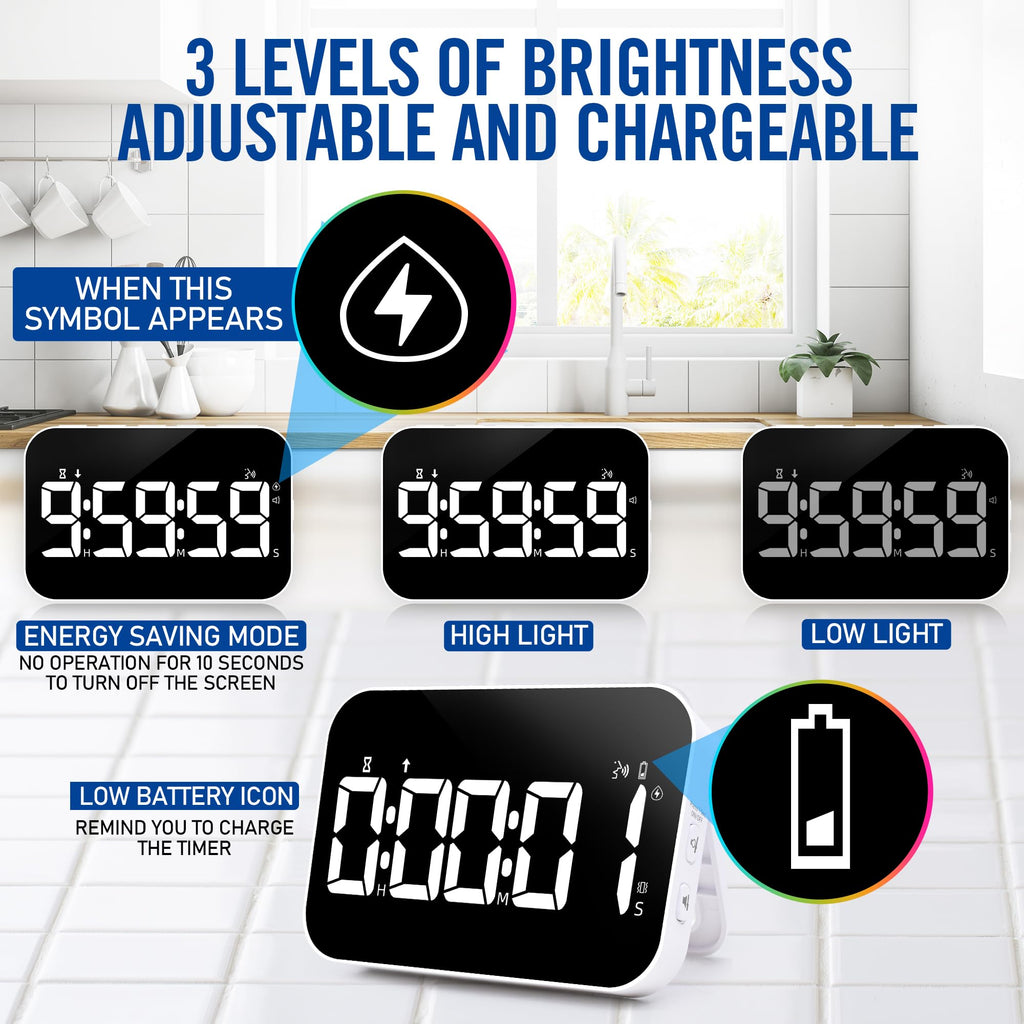 Kitchen Timer, Large Digital Magnetic Timer, Rechargeabilit, Countdown and Countup, 3 Brightness Display, 3 Volume Levels and Vibration Mode, for Cook, Kids Adults Study Teaching