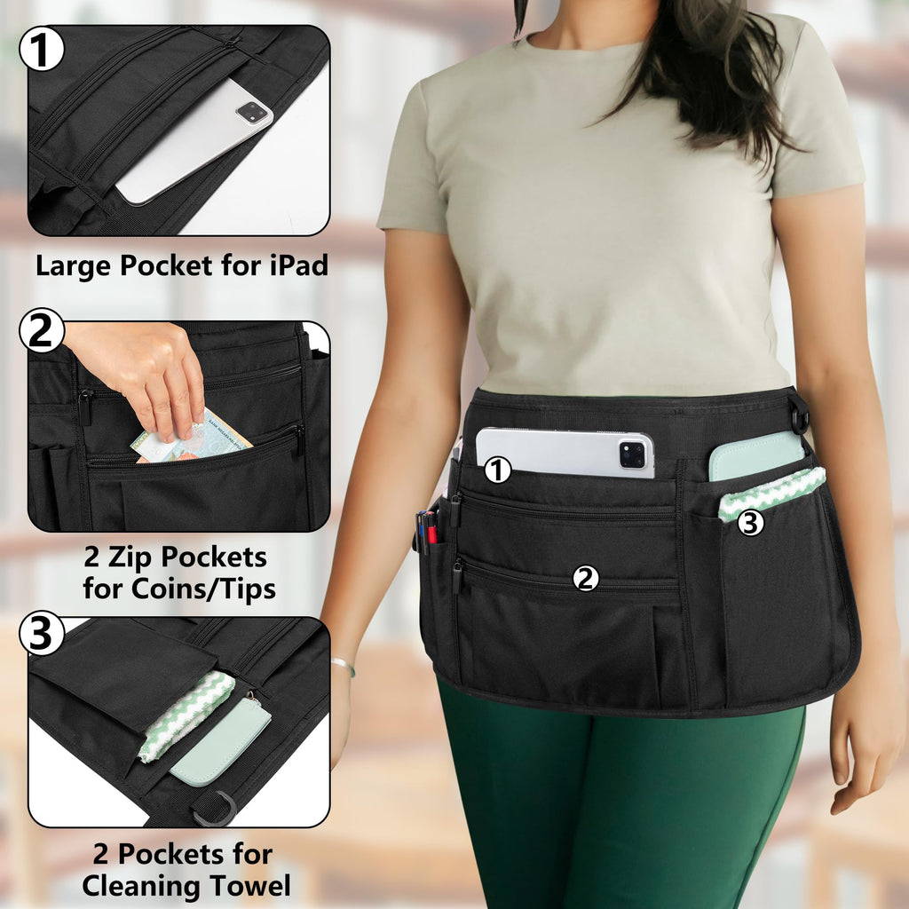 Rexmica Waitress Apron Server Apron with Multiple Pockets, Half Apron with Adjustable Belt for Waitress, Waiter, Women Men Server, Waist Apron for Restaurant, Bistro, Kitchen, Black