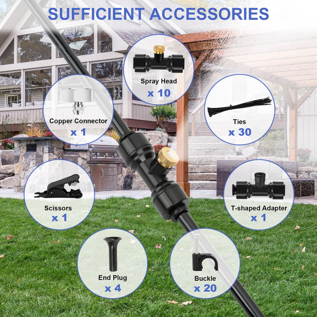 GMAULEE Misting Cooling System, DIY 33FT(10M) Misting Line + 10 Brass Mist Nozzles+ a Brass Connector(3/4'') Outdoor Mister System for Patio Waterpark Garden Trampoline Greenhouse