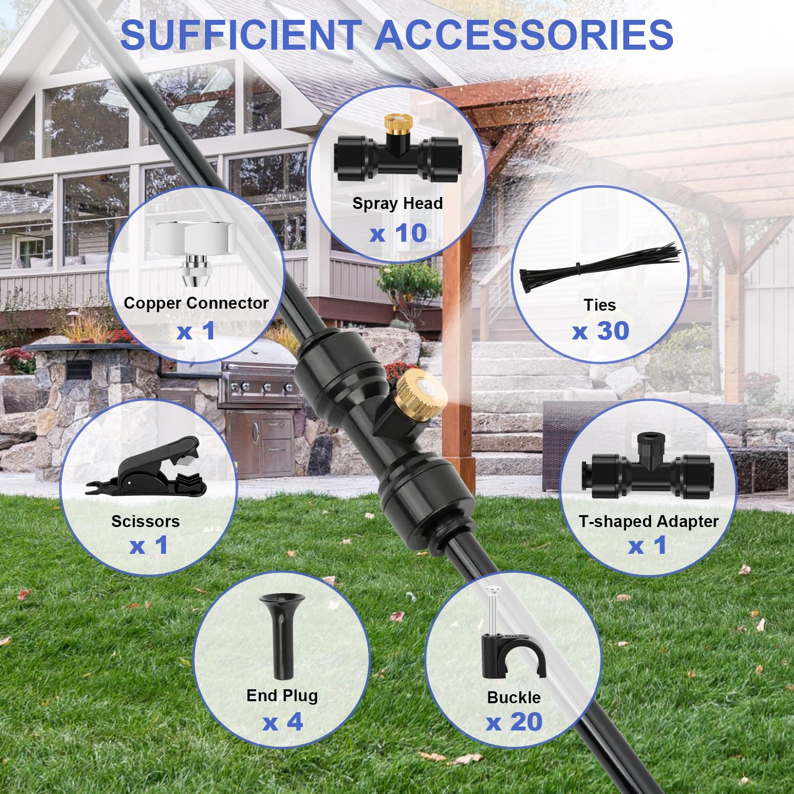 GMAULEE Misting Cooling System, DIY 33FT(10M) Misting Line + 10 Brass Mist Nozzles+ a Brass Connector(3/4'') Outdoor Mister System for Patio Waterpark Garden Trampoline Greenhouse