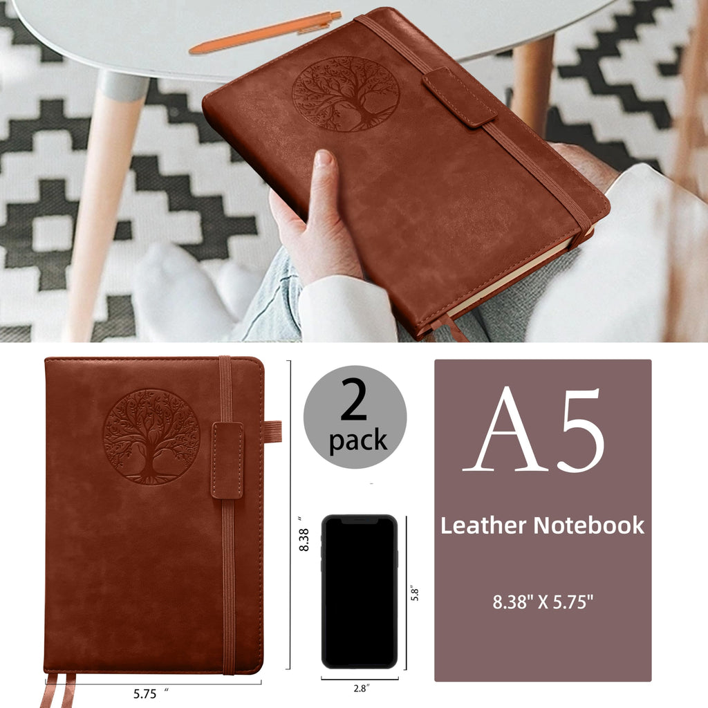 Notebook Journal 2 Pack, A5 Leather Notebooks for Work, School, 100GSM College Ruled Journals Lined Pages, VALIDASS 256 Pages Meeting Hardcover Notebook for Women,Men(Black_Brown)