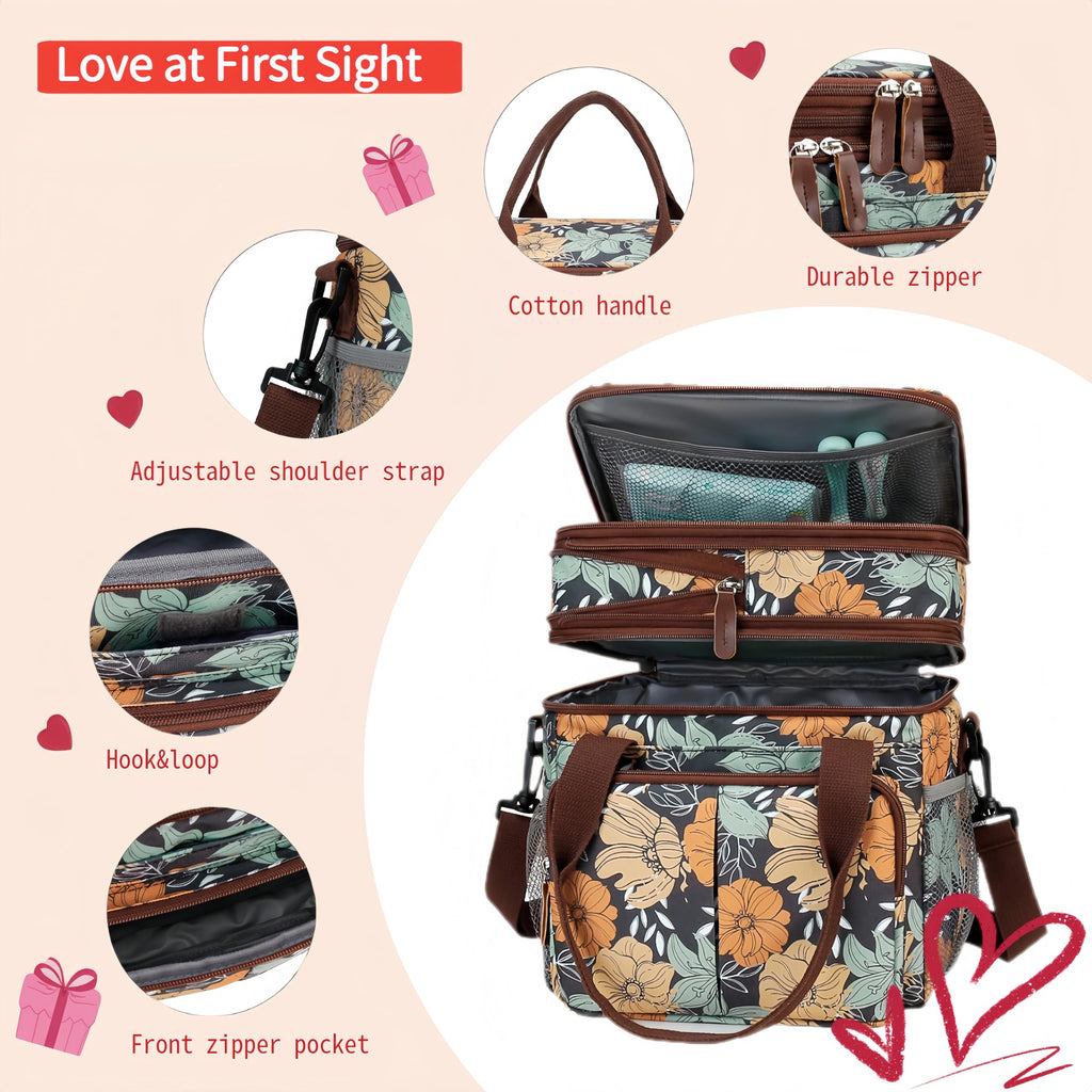 Expandable Insulated Lunch Bag for Women & Men - Large Leakproof Cooler Tote with 8 Pockets(Yellow Flowers)