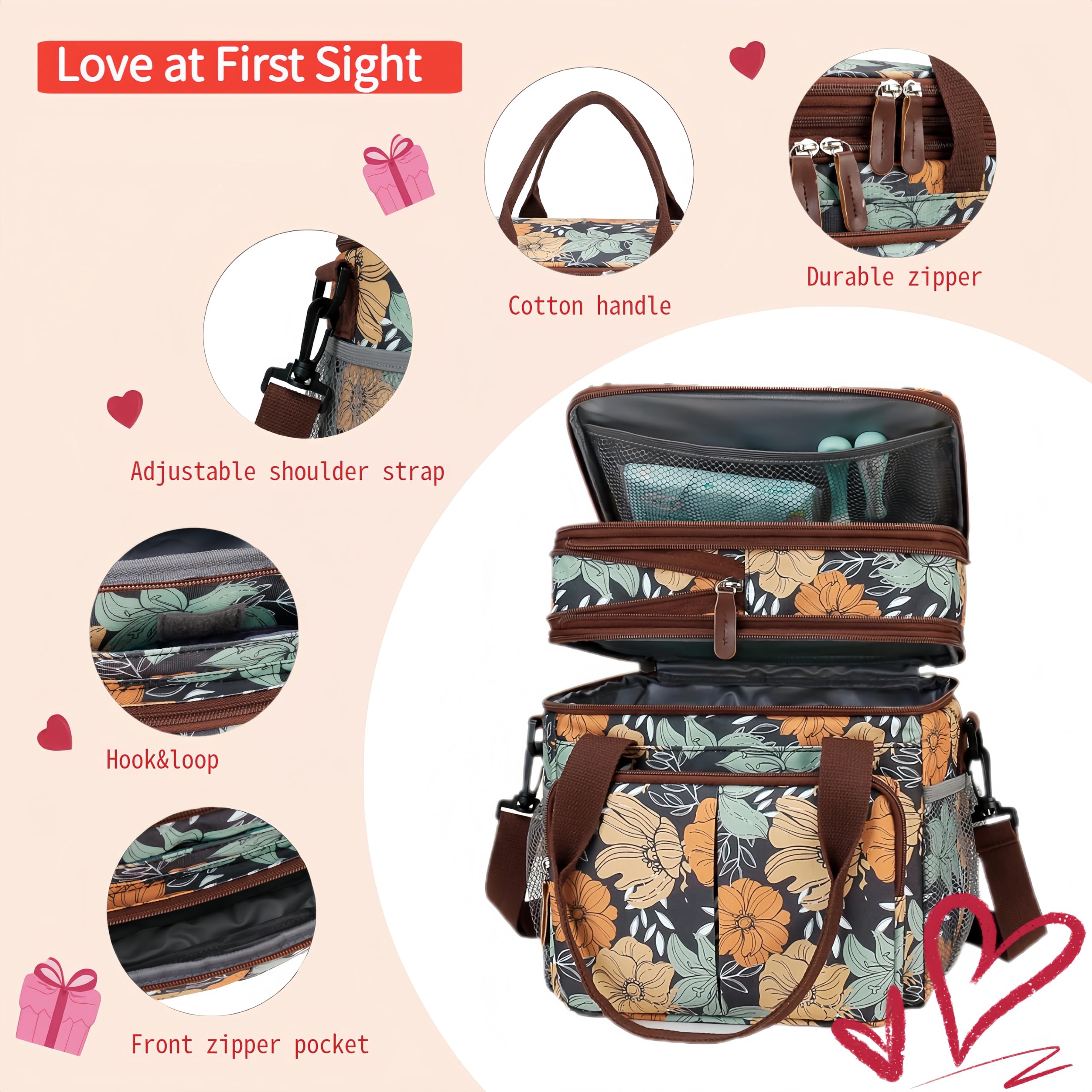 Expandable Insulated Lunch Bag for Women & Men - Large Leakproof Cooler Tote with 8 Pockets(Yellow Flowers)