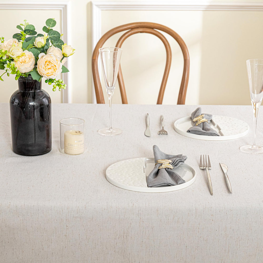 MYSKY HOME Faux Linen Table Cloth Nappe Table Rectangulaire 60x84 Inch, Boho Tablecloth Dustproof Table Cover for Kitchen Party Holiday Christmas Wedding Banquet, Beige with Beige Tassels