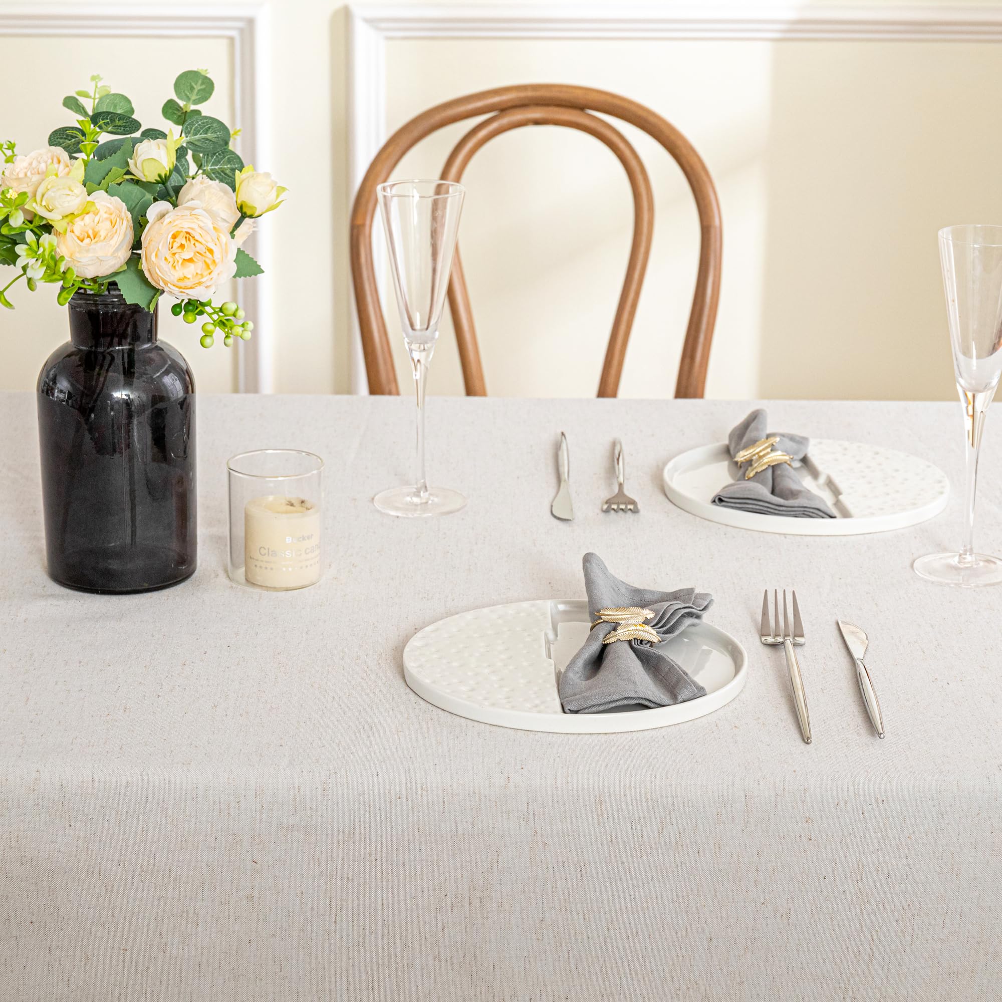 MYSKY HOME Faux Linen Table Cloth Nappe Table Rectangulaire 60x84 Inch, Boho Tablecloth Dustproof Table Cover for Kitchen Party Holiday Christmas Wedding Banquet, Beige with Beige Tassels