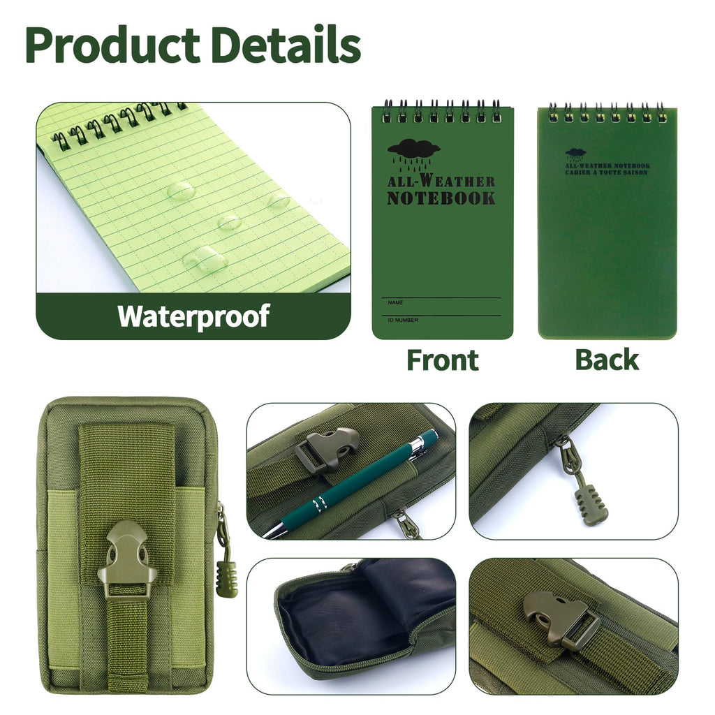 7 Piece Waterproof Notebook Set, 3 X 5 Inch Write in The Rain Notebook All Weather with Pen and Waterproof Multi Functional Waist Pack for Outdoor Activities Recording (Army Green)