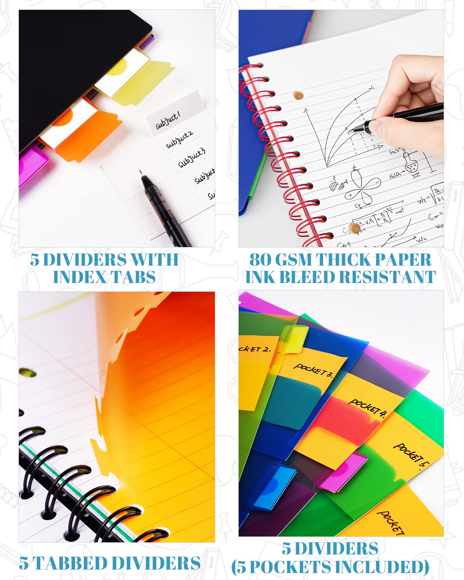 MOWEE Spiral Notebook - 5 Subject Notebook, College Ruled Notebook With Dividers Pocket, Tabs Label, 11" Ruler, 200 Pages, for Writing Journal, Home & Office, School Supplies, 8.5''x11''Black