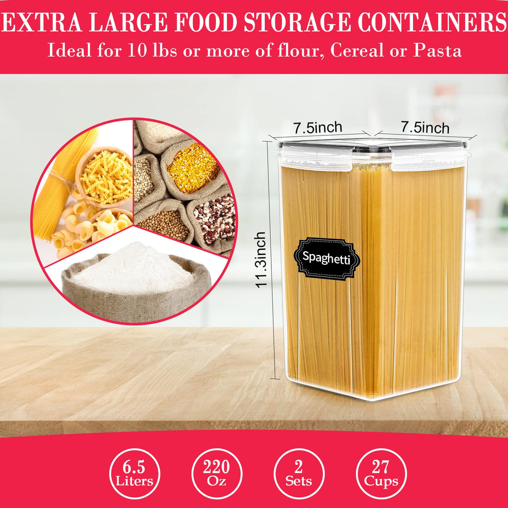 Extra Large Food Storage Containers with Lids-6.5L |220 OZ| 2PCS- CEKEE Large Airtight Plastic Food Canisters for Flour, Sugar, Rice, Cereal & Pasta, Bulk Food Storage for Kitchen Pantry Organization
