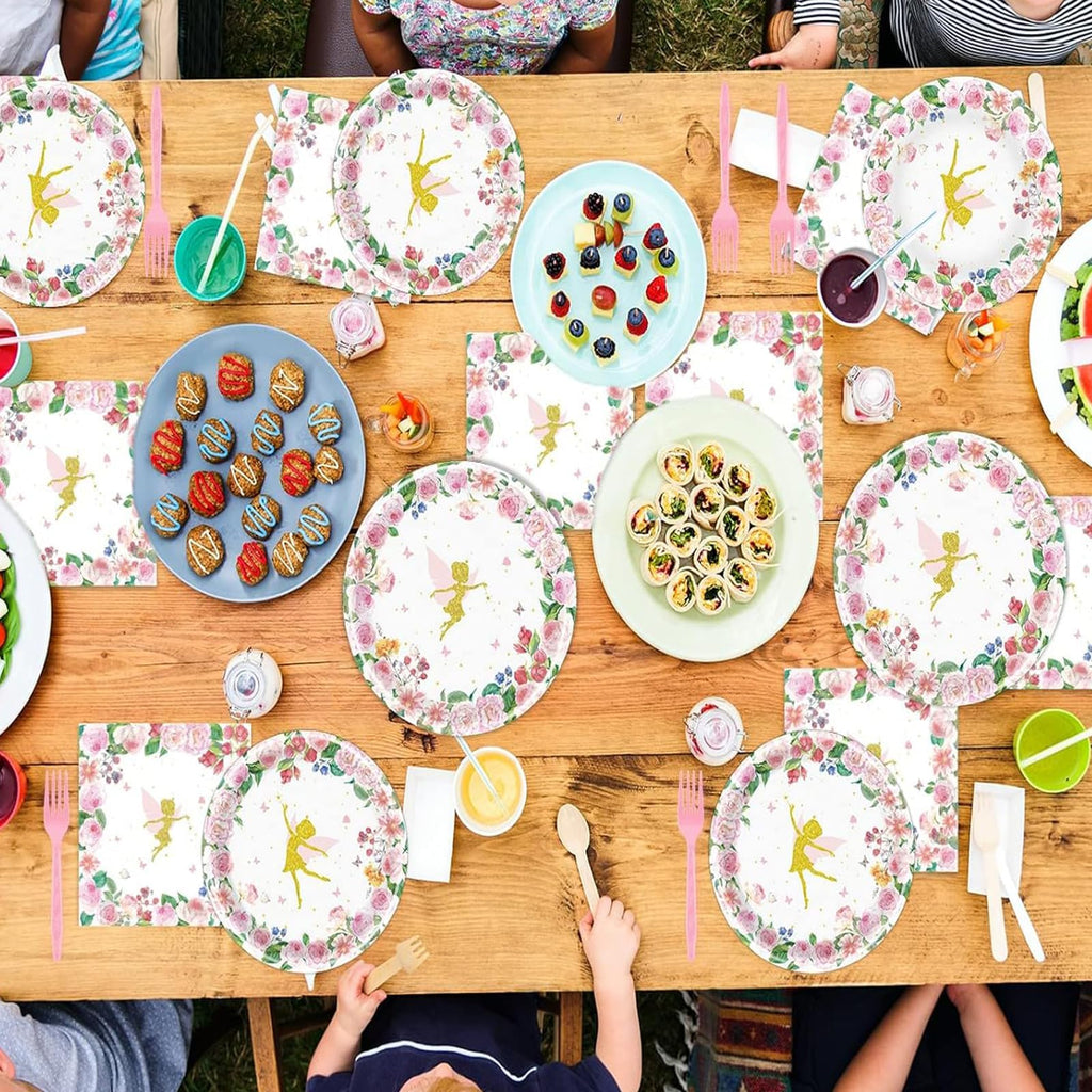 LASLU 120Pcs Flower Fairy Party Plates and Napkins Set, Flower Fairy Party Supplies Decorations Includes Paper Plates Napkins Forks for Birthday Party Serves 24 Guests (Flower Fairy)
