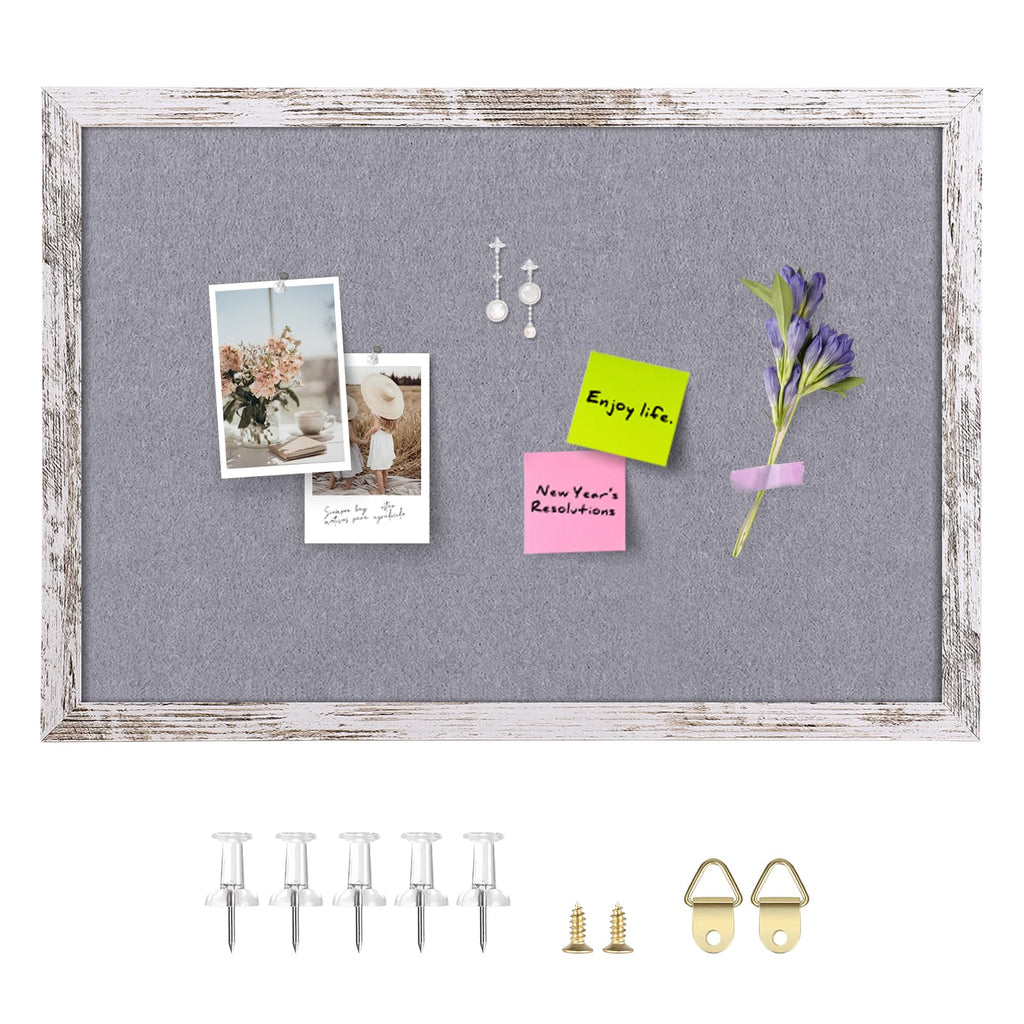Aitakatta Gray Felt Cork Board Bulletin Board, Decorative Hanging Cork Boards for Walls with White Rustic Wood Frame, Pin Board Vision Board for Office Home and School with Pins, Screws (4060,WH,1pc)