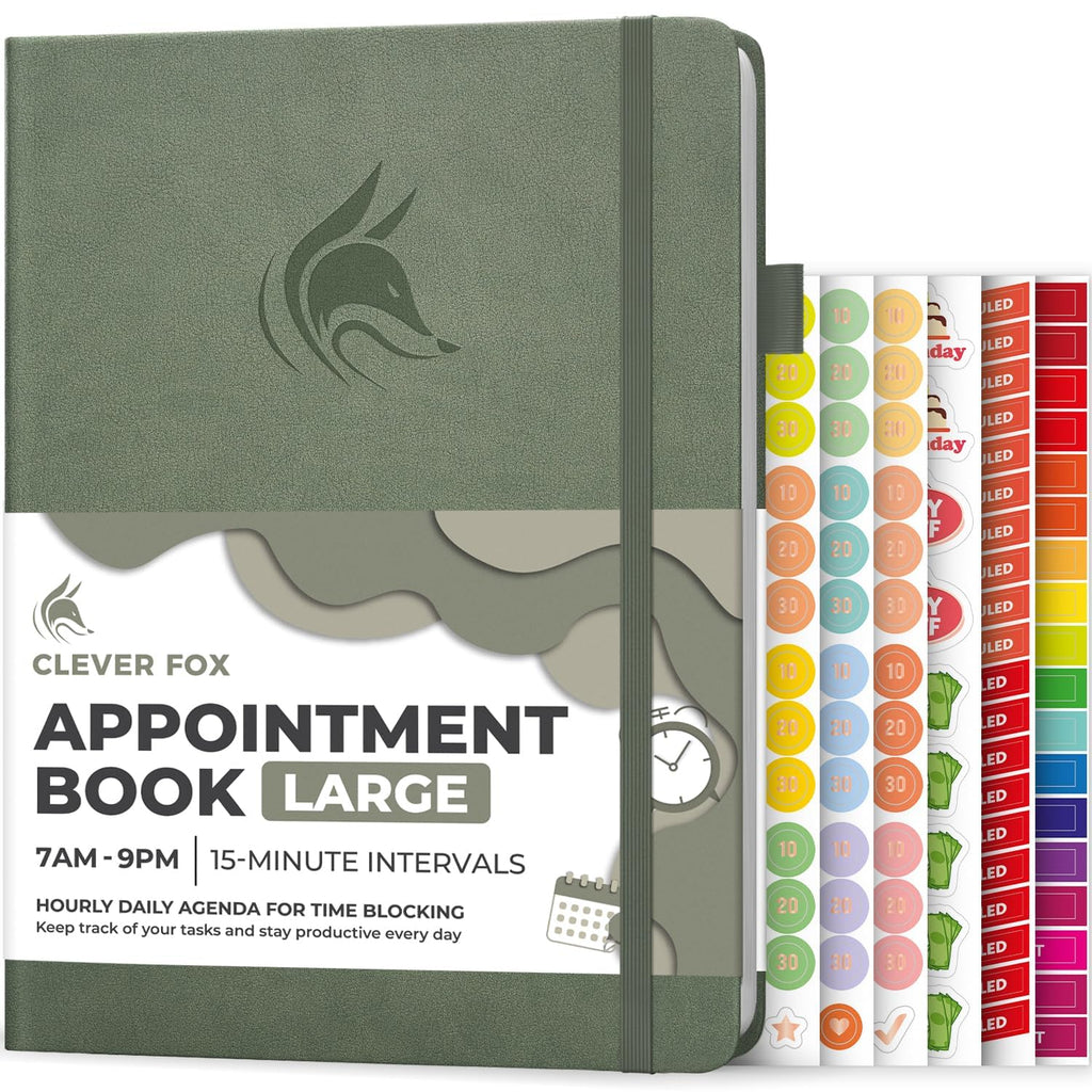 Clever Fox Appointment Book – Hourly Schedule Planner with 15-Minute Increments – Time Box Planner for Daily Work & To-Dos – Weekly & Monthly Spreads, Undated, Hardcover, 8.3x11″ (Cypress)