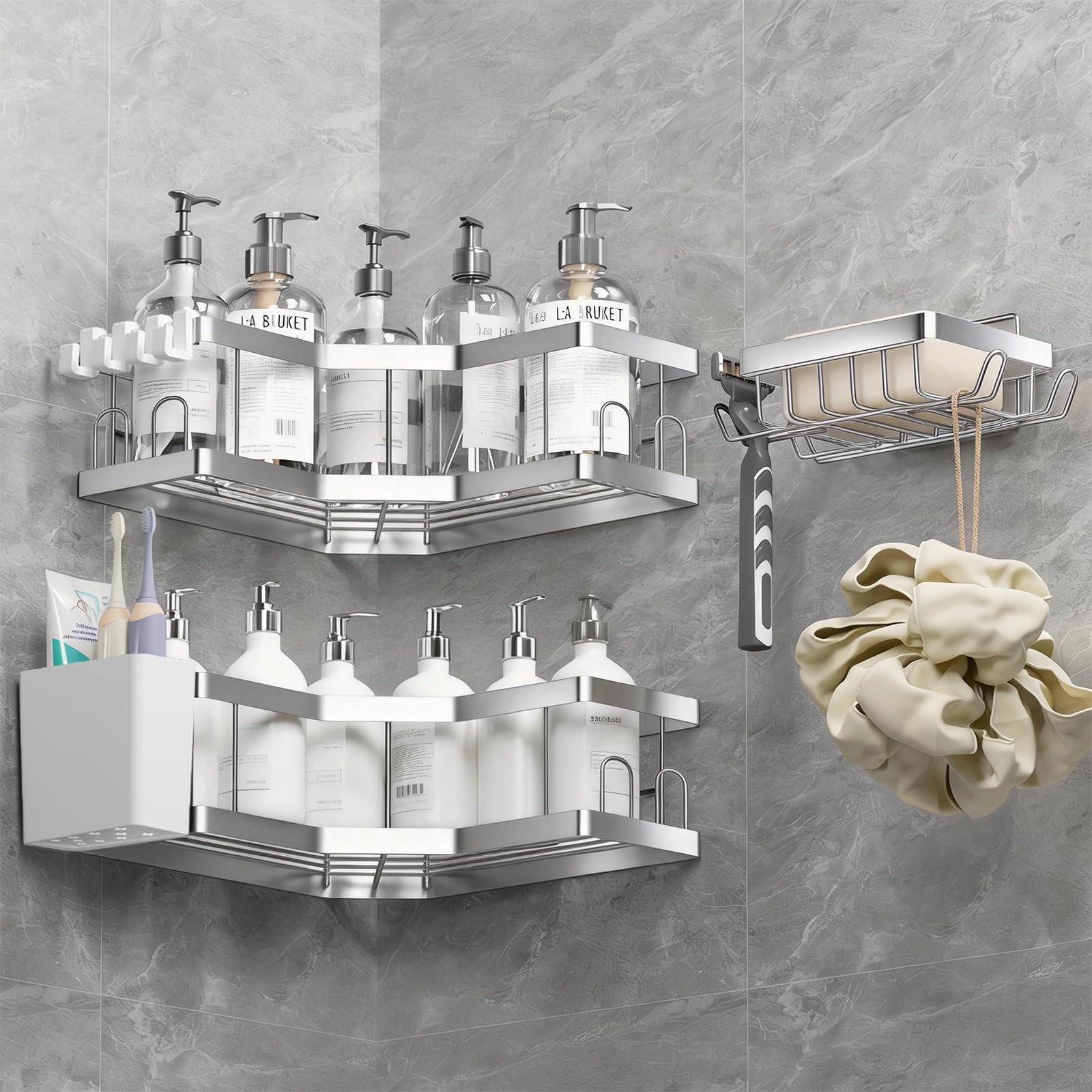 Shower Caddy, 4 Pack Silver Bathroom Shelves, Adhesive Shelf Storage No Drilling, Carbon Steel Shower Organiser, Rust-Resistant Caddy Corner, Soap Holder, Bathroom Accessory
