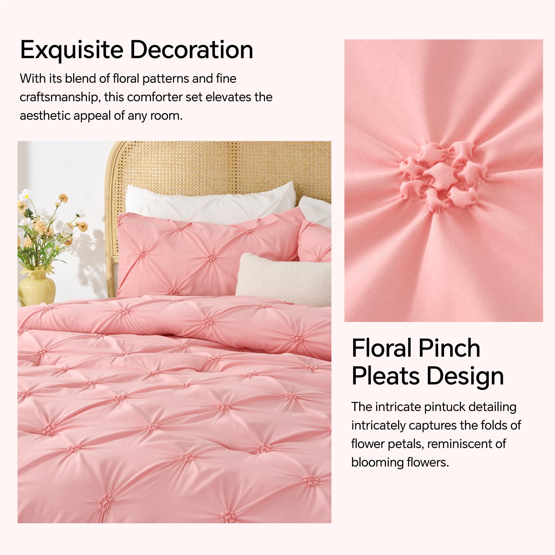 BEDELITE Queen Comforter Set Pink - 3 Pieces Boho Pintuck Bedding Sets, Queen Size Bed Set with 2 Pillow Shams for All Seasons, Room Decor Valentine's Gift,Lightweight Soft and Warm