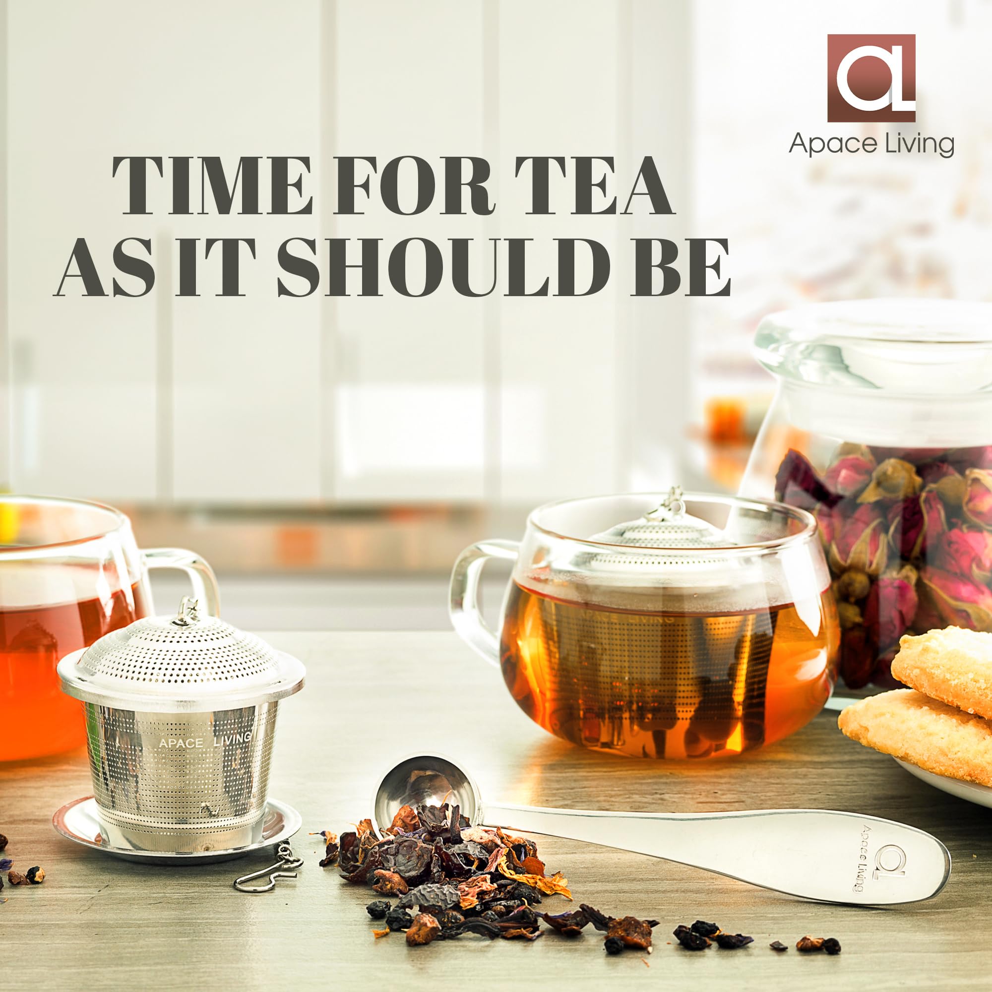 Apace Loose Leaf Tea Infuser (Set of 2) with Tea Scoop and Drip Tray - Ultra Fine Stainless Steel Strainer & Steeper for a Superior Brewing Experience (Silver, Medium)
