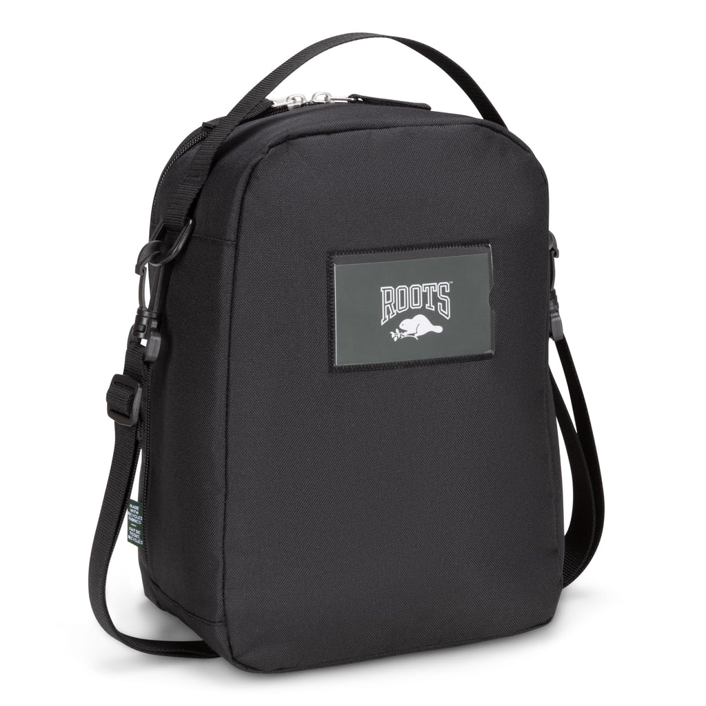 Roots Insulated Lunch Bag – Made from Recycled Polyester, with Exterior ID Label, Adjustable Shoulder Strap & 2 Zippered Compartments – 7L, Black