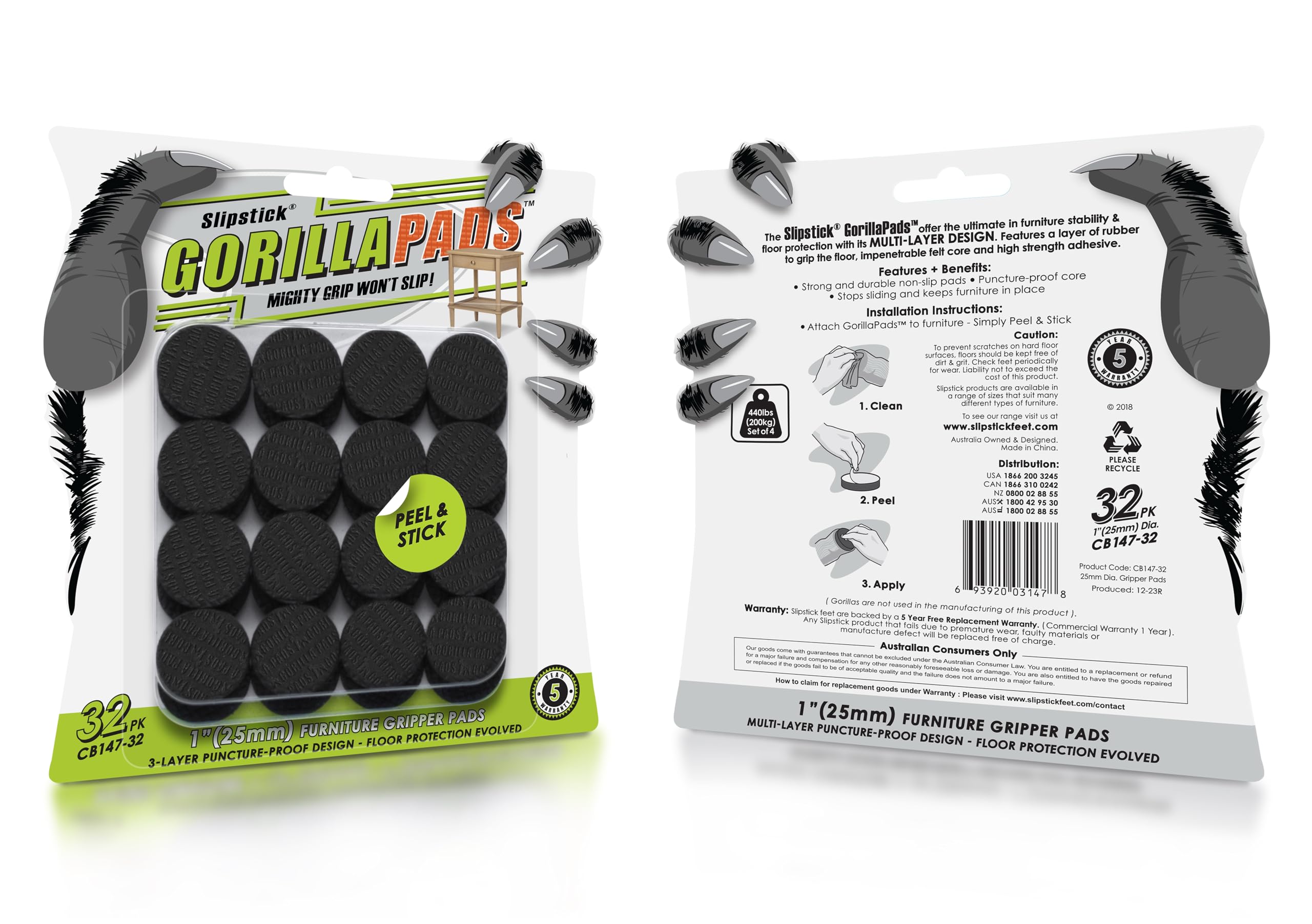 GorillaPads 25mm Non-Slip Furniture Pads/Gripper Feet Skids (Set of 32) Self Adhesive Rubber Floor Protectors, 1 Inch Round, Black, CB147-32