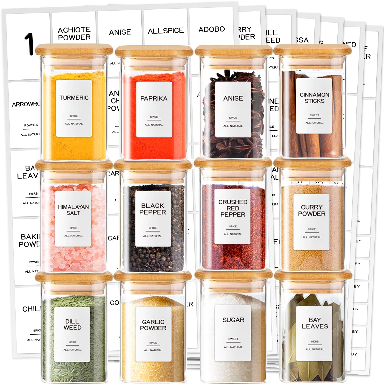 Kuocodall 12 Pcs Glass Spice Jars with Bamboo Airtight Lids & 201 Labels - 8oz Square Small Empty Food Storage Containers for Kitchen, Seasonings, Herbs, Salt