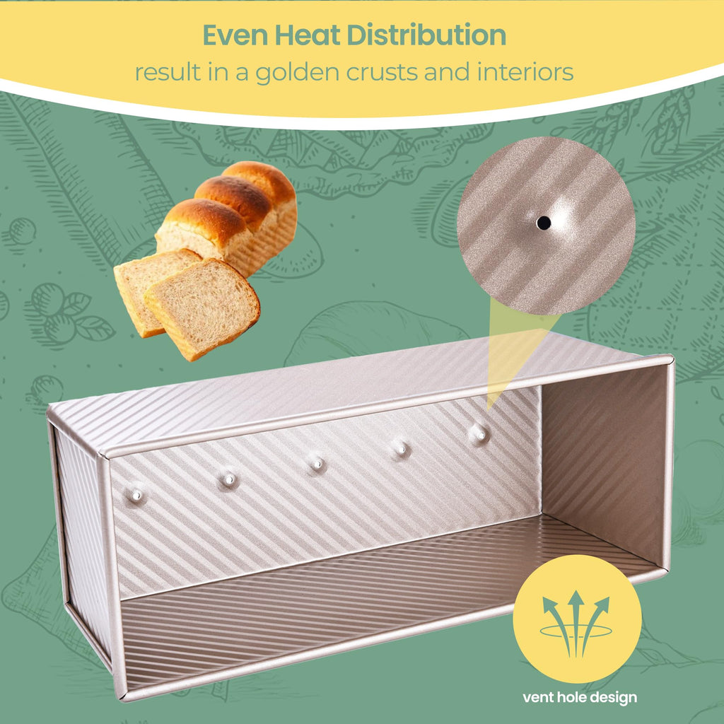 Bakeley Commercial Pullman Loaf Pan with Lid, 2.2Lb Dough Capacity Non-Stick Rectangle Corrugated Carbon Steel Bread Toast Mold with Cover for Baking Bread (Champagne Gold)