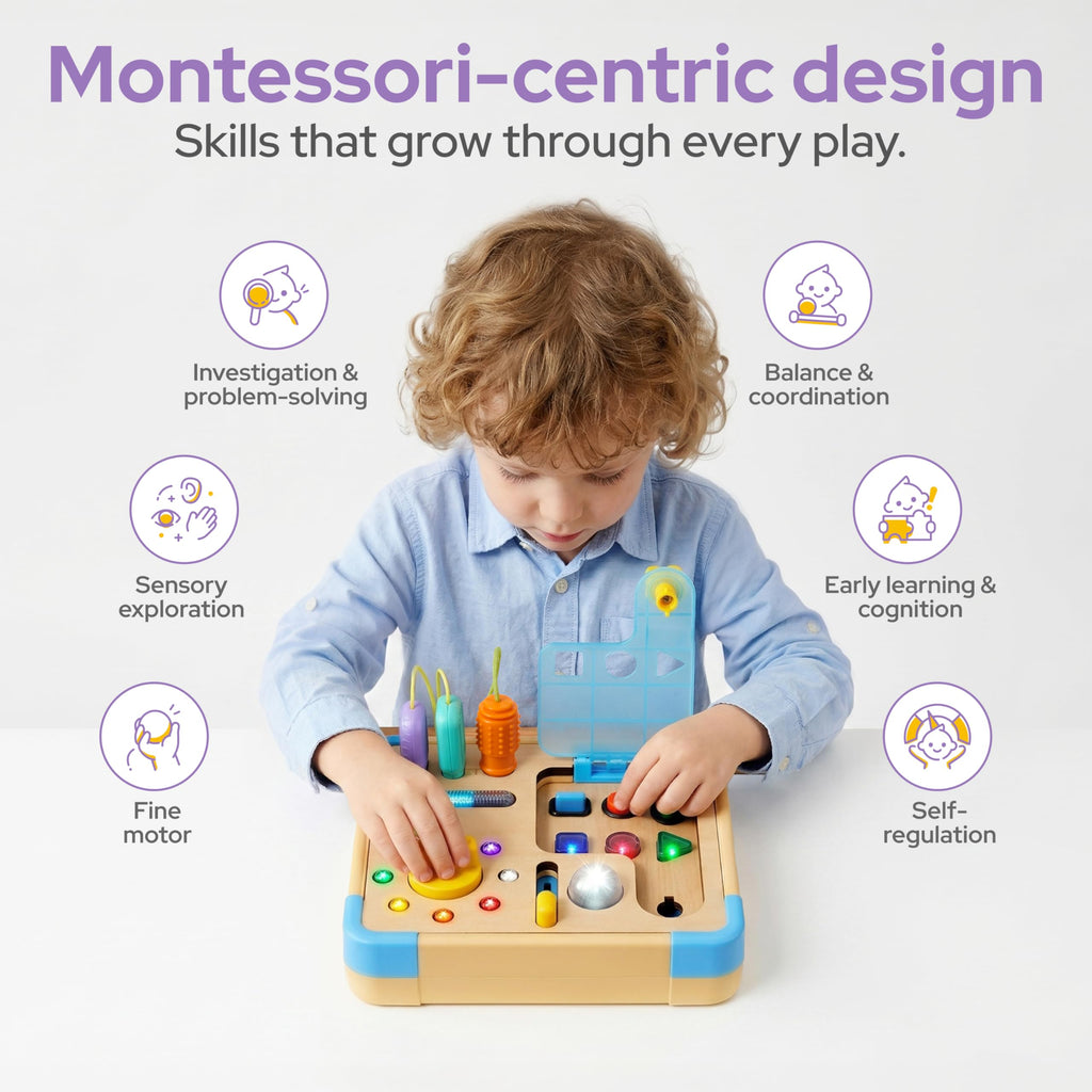 Electronic Busy Board – Montessori-Inspired Pretend Toy with 15 LED Lights & 9 Sound Effects, 5 Interactive Switches & Plugs, Sensory Fun, Early Development, Baby Toys Age 18M+ Old