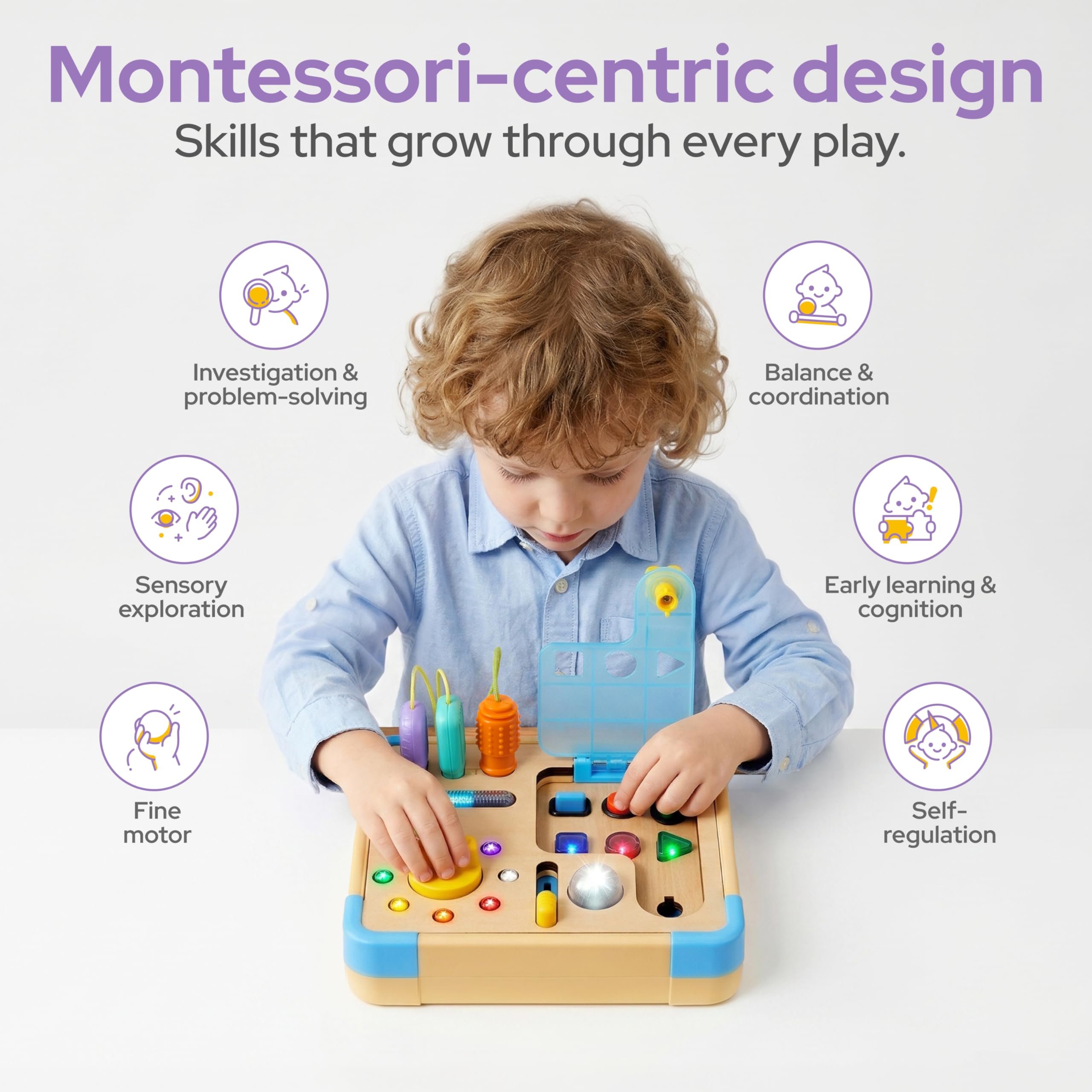 Electronic Busy Board – Montessori-Inspired Pretend Toy with 15 LED Lights & 9 Sound Effects, 5 Interactive Switches & Plugs, Sensory Fun, Early Development, Baby Toys Age 18M+ Old