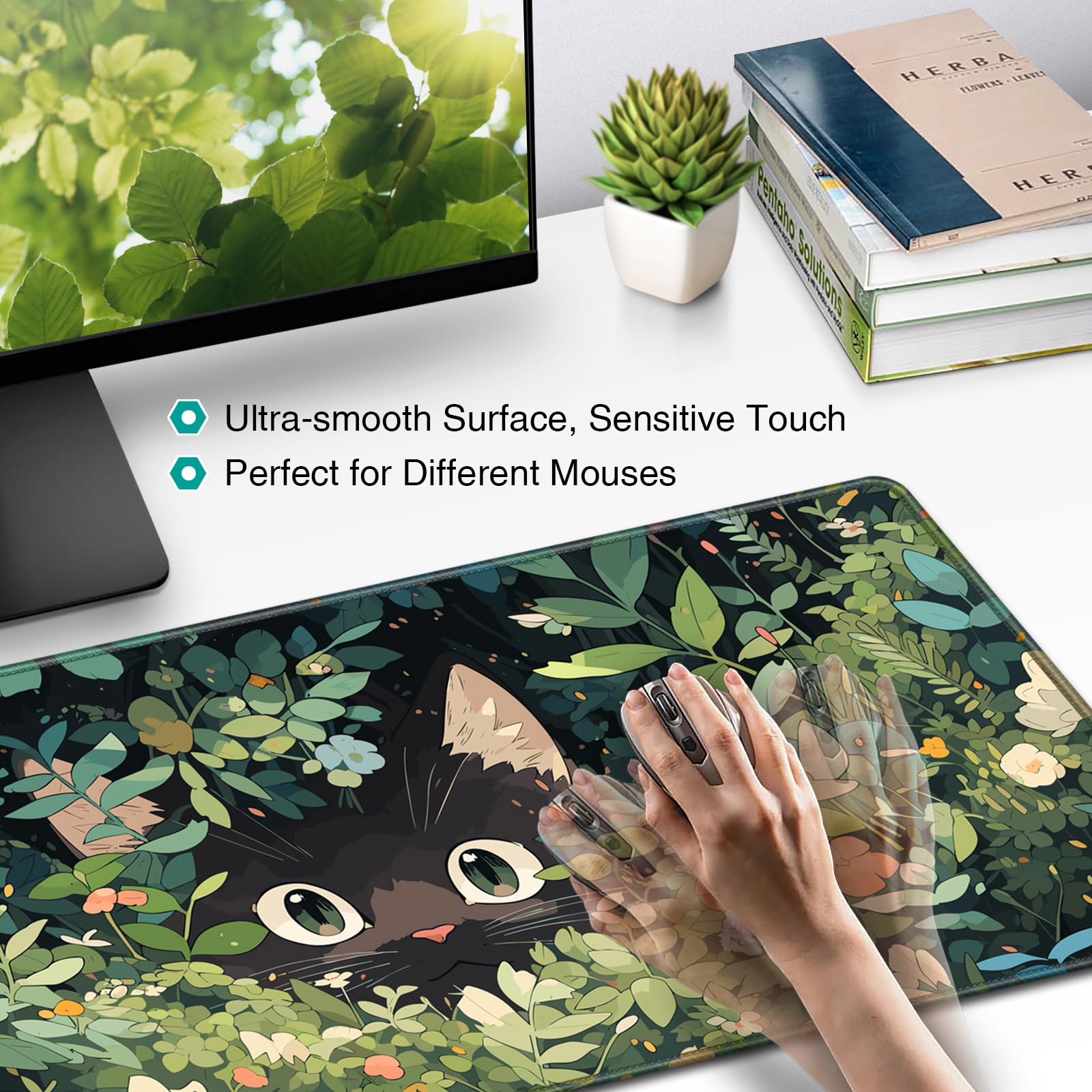 Anime Cat Mouse Pad Green Desk Mat, Kawaii XXL Large Mouse Pad Keyboard with Stitched Edges Non-Slip, 35.4×15.7in Mousepad Mat for Desktop Computer Laptop Office Women Decor Game Funny