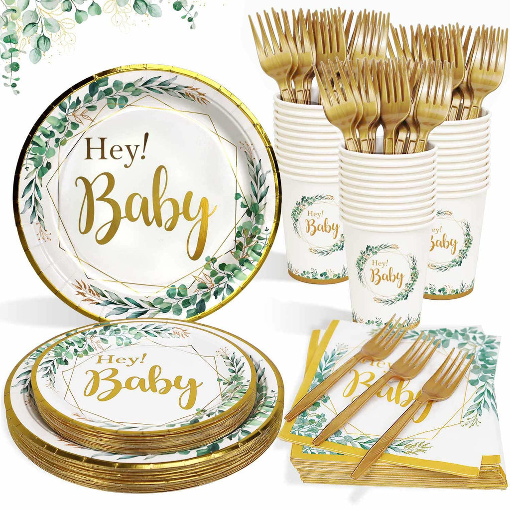 125pcs Sage Green Baby Shower Decorations for Boy or Girl - Neutral Tableware Set for 25 Guests | Eucalyptus Gold Foil Plates Cups and Napkins Straws Cutlery for Welcome Baby Fille Party Supplies