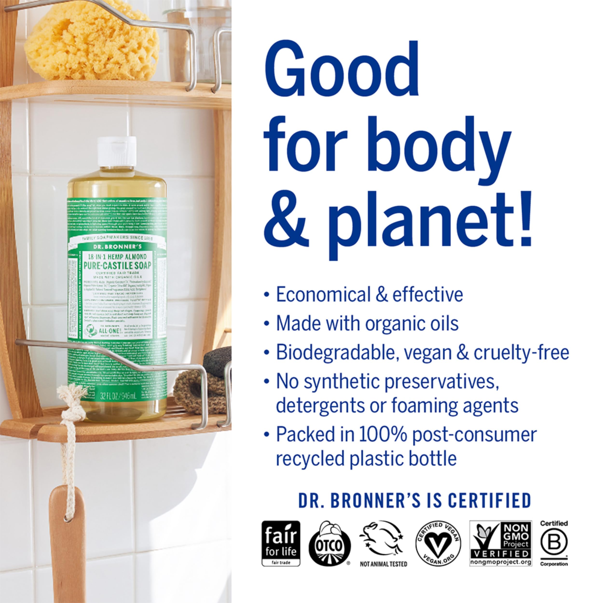 Dr. Bronner’s - Pure-Castile Liquid Soap (Almond, 473 mL) - Made with Organic Oils, 18-in-1 Uses: Face, Body, Hair, Laundry, Pets and Dishes, Concentrated, Vegan, Non-GMO