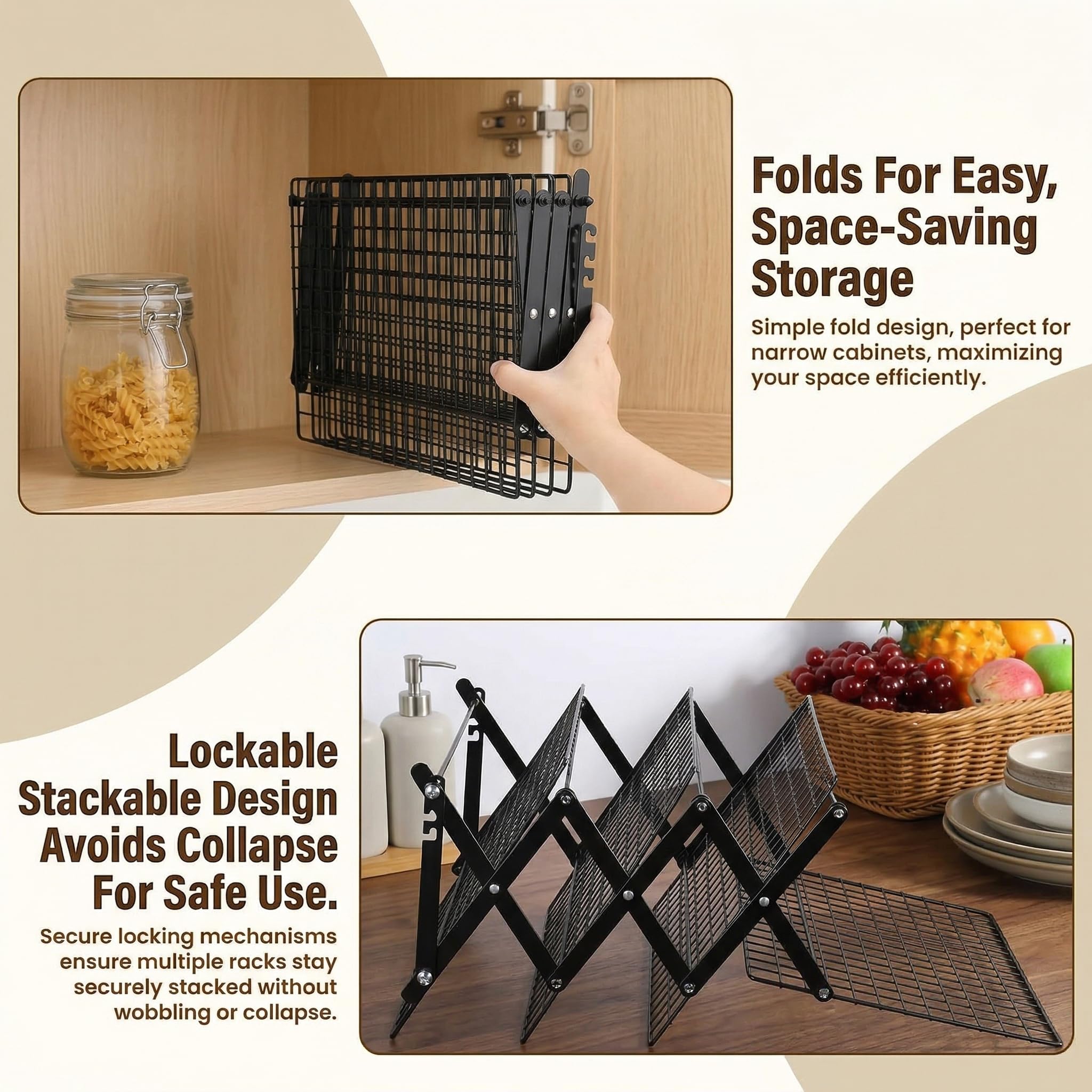 SCDGRW 4-Tier Collapsible Baking Cooling Rack, Small Grid Wire with 3 Adjustable Modes, Non-Stick Heavy Duty Wire Cooling Rack for Roasting, Cooking, Drying