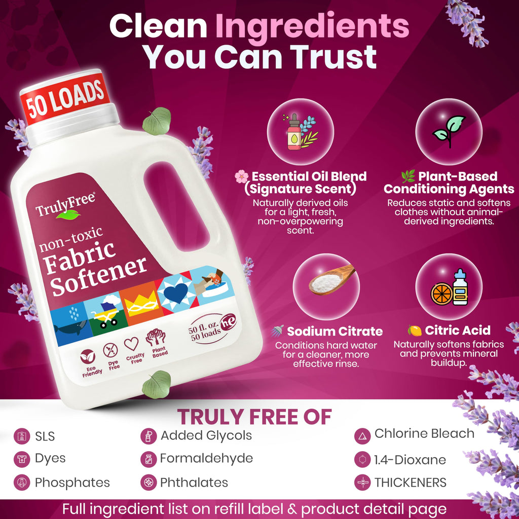 Truly Free Fabric Softening Conditioner for Clothes| Safe for Babies & Kids with Sensitive Skin | Plant-Based | Include 1 Refillable 50oz Bottle with Measuring Cap| Signature Scent Rinse(50 Loads)