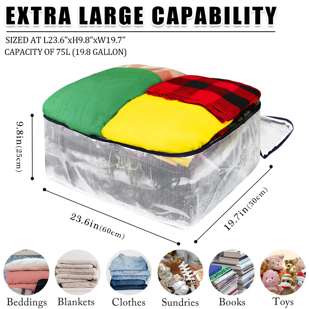 Clear Storage Bags with Zipper, 75L Extra Large Capacity - Closet, Underbed Storage Organizer for Clothes, Bedding, Comforter, Toys, Pillow & Blanket, 3 Pack