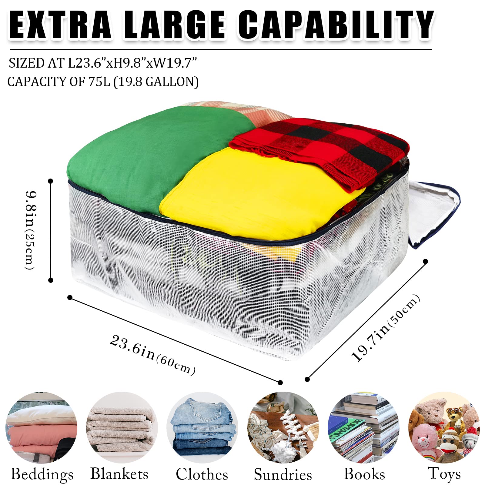 Clear Storage Bags with Zipper, 75L Extra Large Capacity - Closet, Underbed Storage Organizer for Clothes, Bedding, Comforter, Toys, Pillow & Blanket, 3 Pack