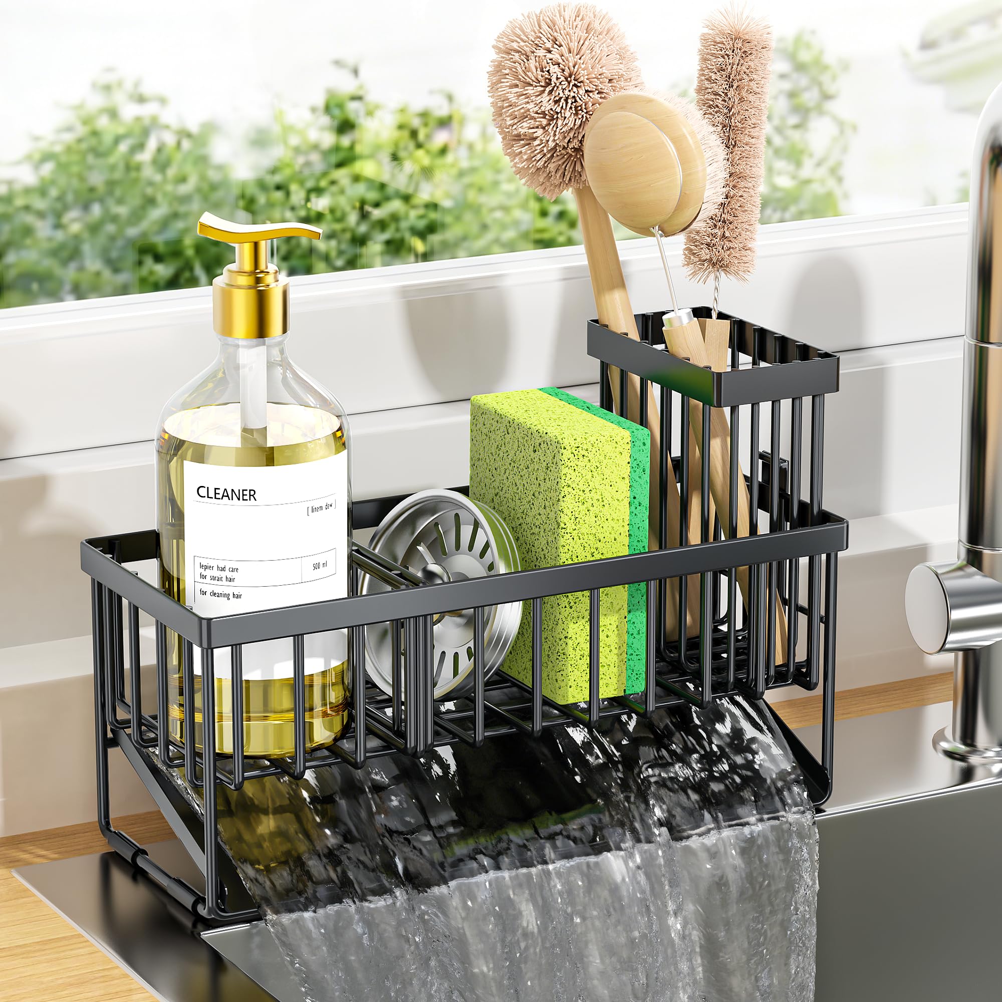 Cisily Kitchen Sink Caddy Organzier with High Brush Holder, Sponge Holder for Sink, 304 Rustproof Stainless, Kitchen Countertop Soap Dispenser Organizer, Kitchen Decor and Accessories (Black)