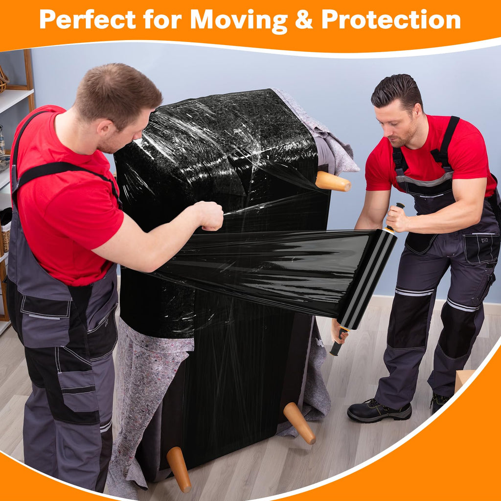 Origuuds Stretch Film, 80 Gauge Stretch Wrap with Handles, Industrial Strength Plastic Wrap for Moving, Pallet Wrap, Luggage, Furniture Wrapping, Packing (Black/15 Inch x 1000 Feet, 1 Roll)