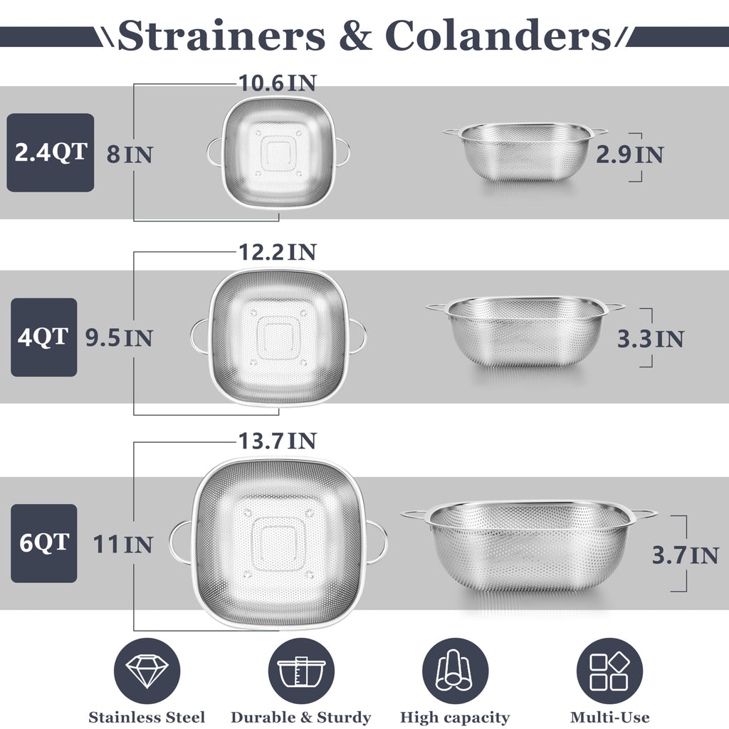 E-far 3 Pack Colander for Kitchen, Square Stainless Steel Metal Strainer Colander with Handle for Draining Food Pasta Vegetable, Micro-Perforated & Elevated Feet, Dishwasher Safe(2.4/4/6QT)