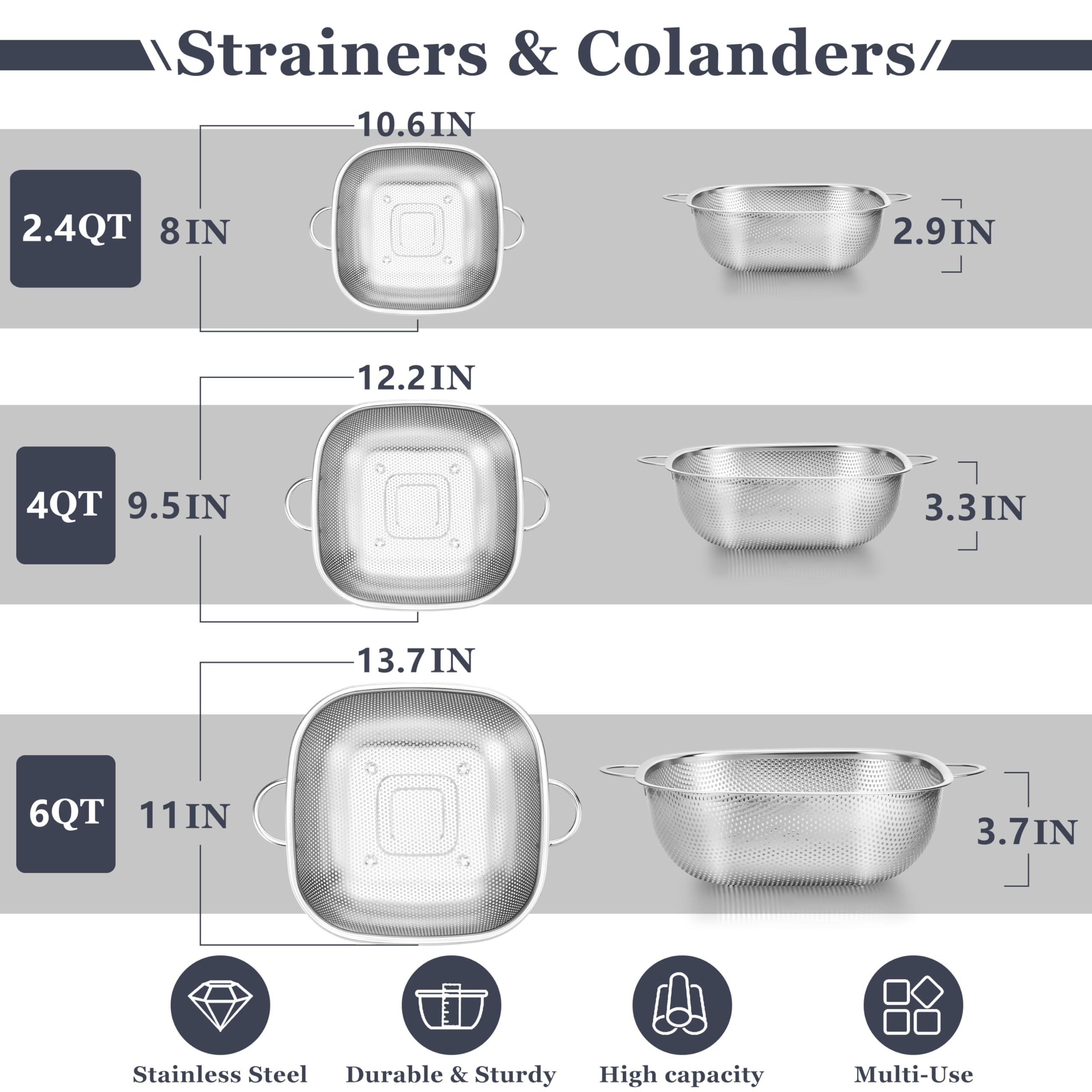 E-far 3 Pack Colander for Kitchen, Square Stainless Steel Metal Strainer Colander with Handle for Draining Food Pasta Vegetable, Micro-Perforated & Elevated Feet, Dishwasher Safe(2.4/4/6QT)