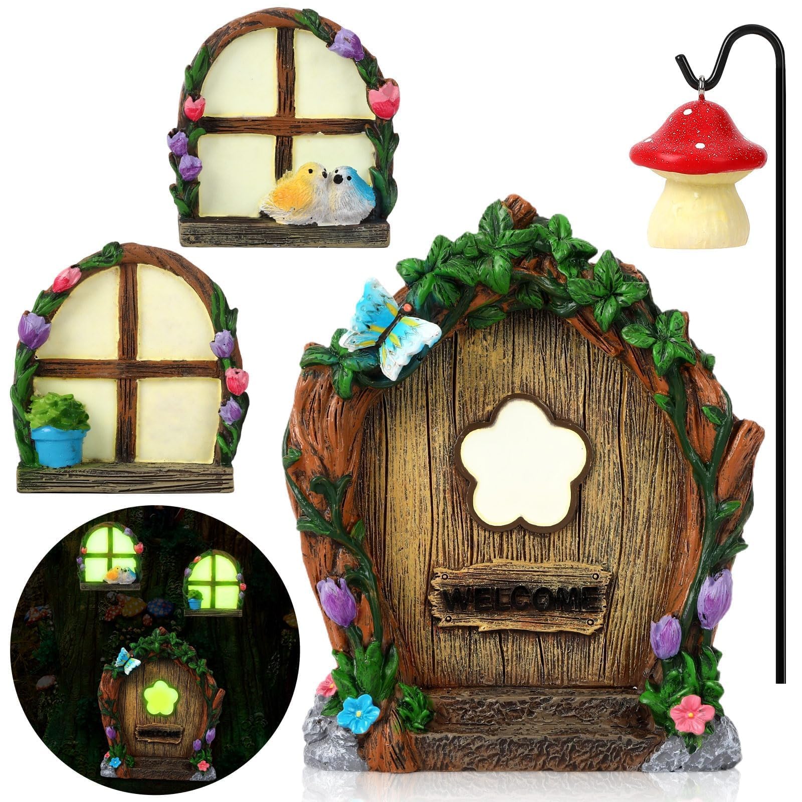 Augshy 4 Pcs Fairy Door Windows and Lantern for Trees Glow in The Dark, Fairy Doors for Trees Outdoor for Rooms Gnome Outdoor Courtyards Lawns Garden Decorations