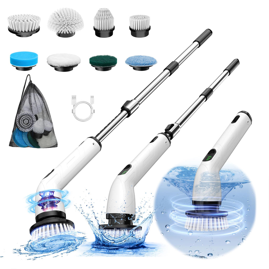 Keimi Electric Spin Scrubber, New Full-Body IPX7 Waterproof Cordless Bathroom Scrubber with 8 Replaceable Heads, Upgraded Extension Handle, Shower Cleaning Brush for Bathtub, Tile, Floor, Black