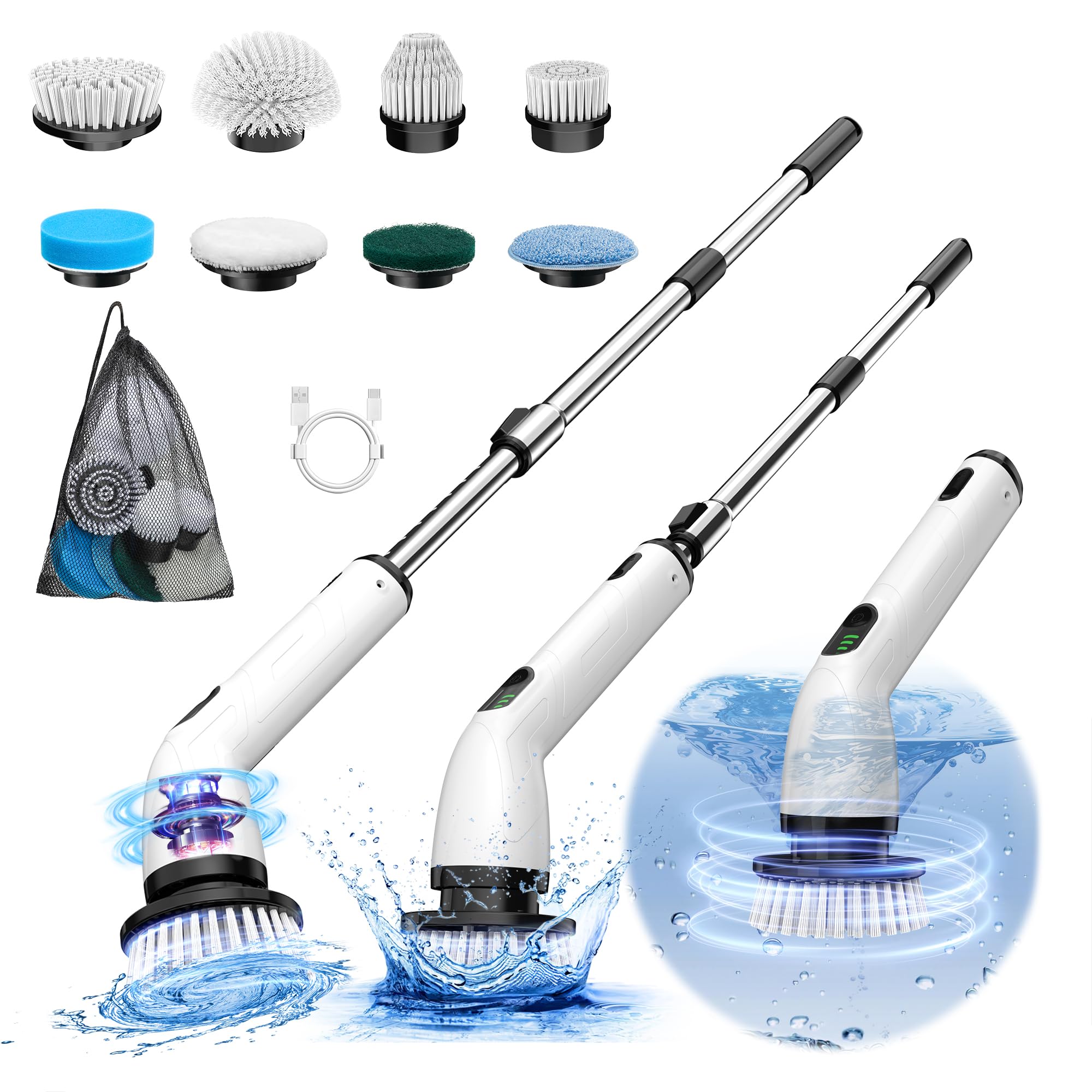 Keimi Electric Spin Scrubber, New Full-Body IPX7 Waterproof Cordless Bathroom Scrubber with 8 Replaceable Heads, Upgraded Extension Handle, Shower Cleaning Brush for Bathtub, Tile, Floor, Black