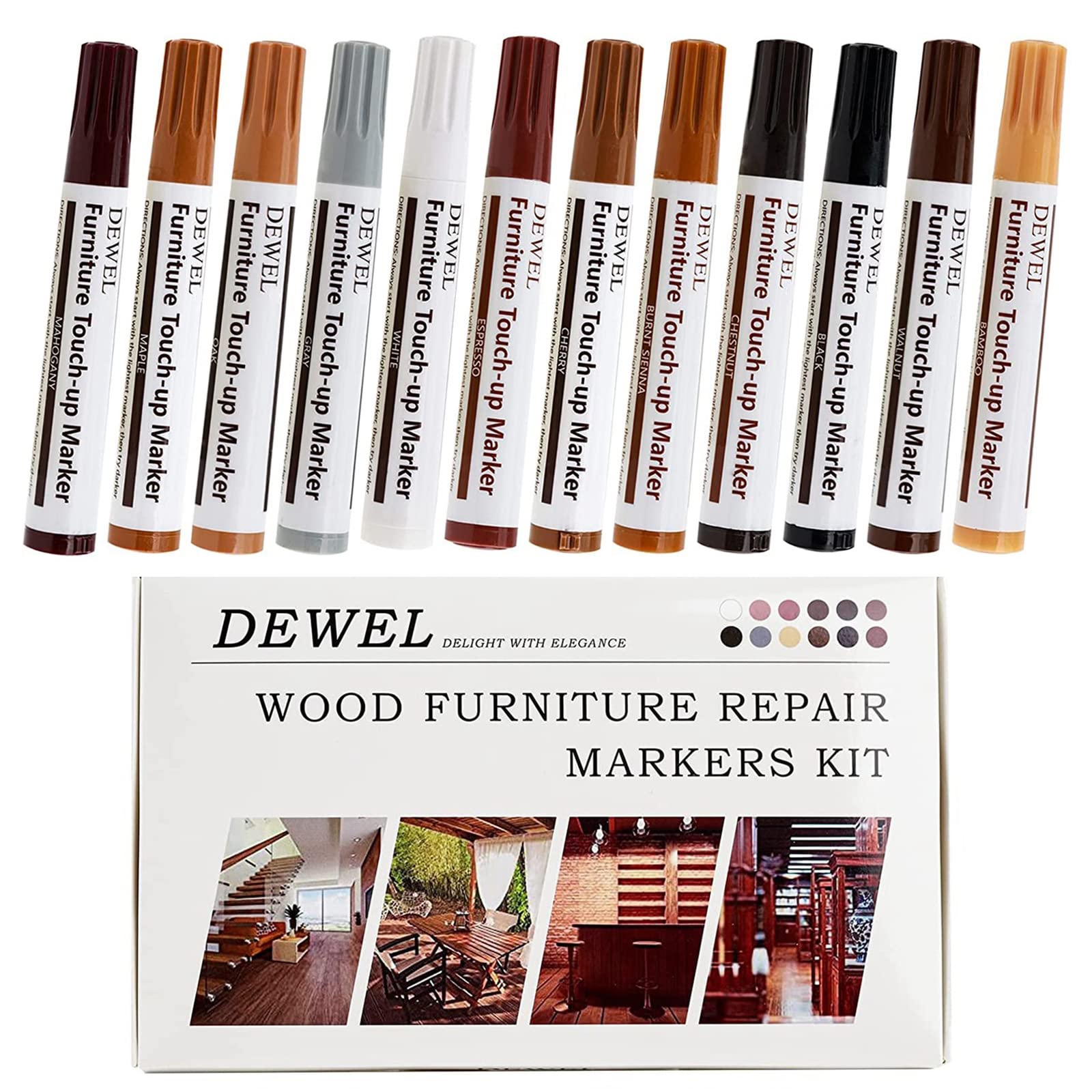 DEWEL Premium Furniture Touch Up Markers, 12 Colors Wood Scratch Repair Markers Kit, Perfect Wood Markers Pens for Scratches, Stains, Wooden Floors, Tables, Bedposts