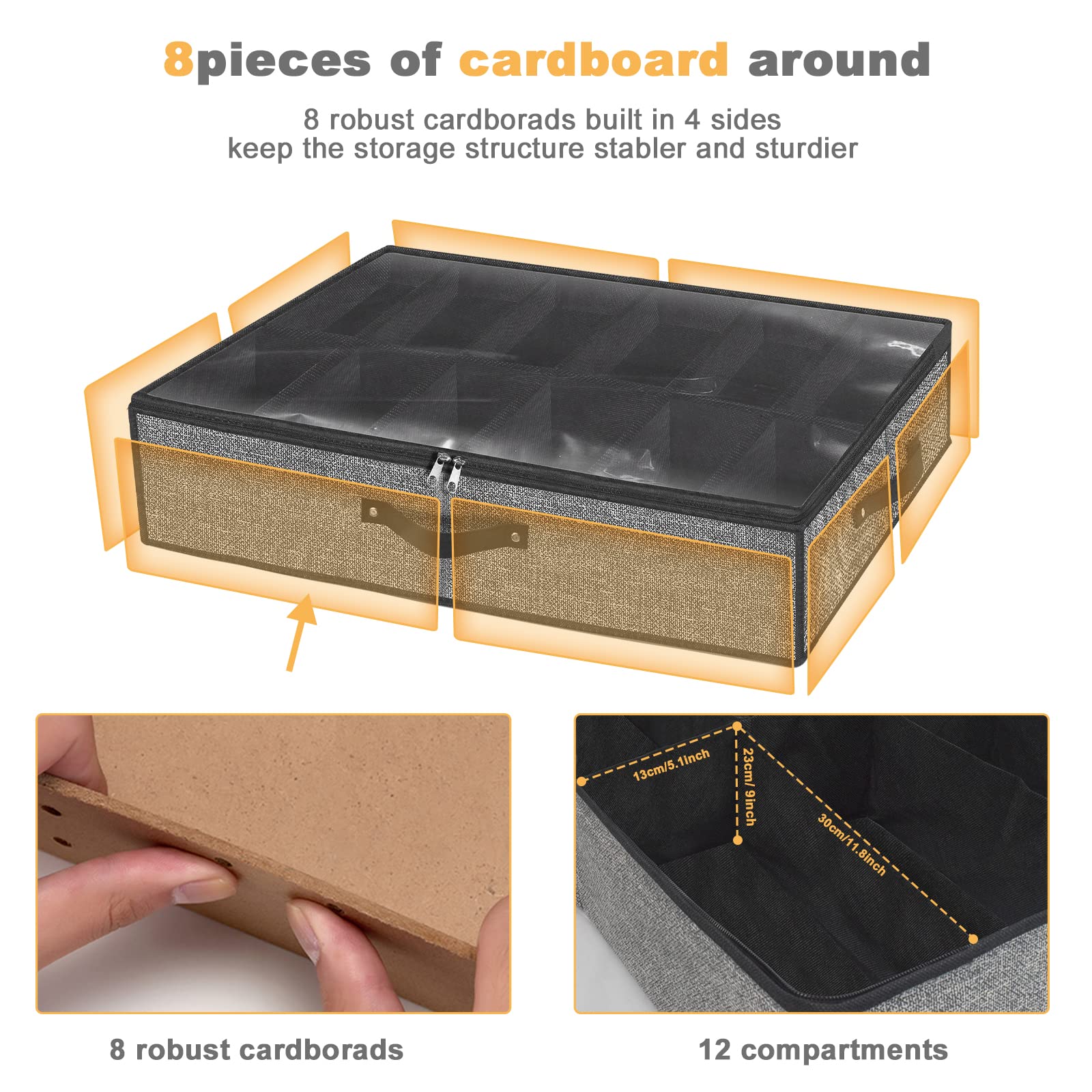 Under Bed Shoe Storage Organizer for Closet Fits 24 Pairs-Sturdy Underbed Shoe Containers Box Bedding Storage Organizador De Zapatos with Clear Cover,Set of 2, 29.3 x 23.6 x 5.9inch(Linen-like Black)