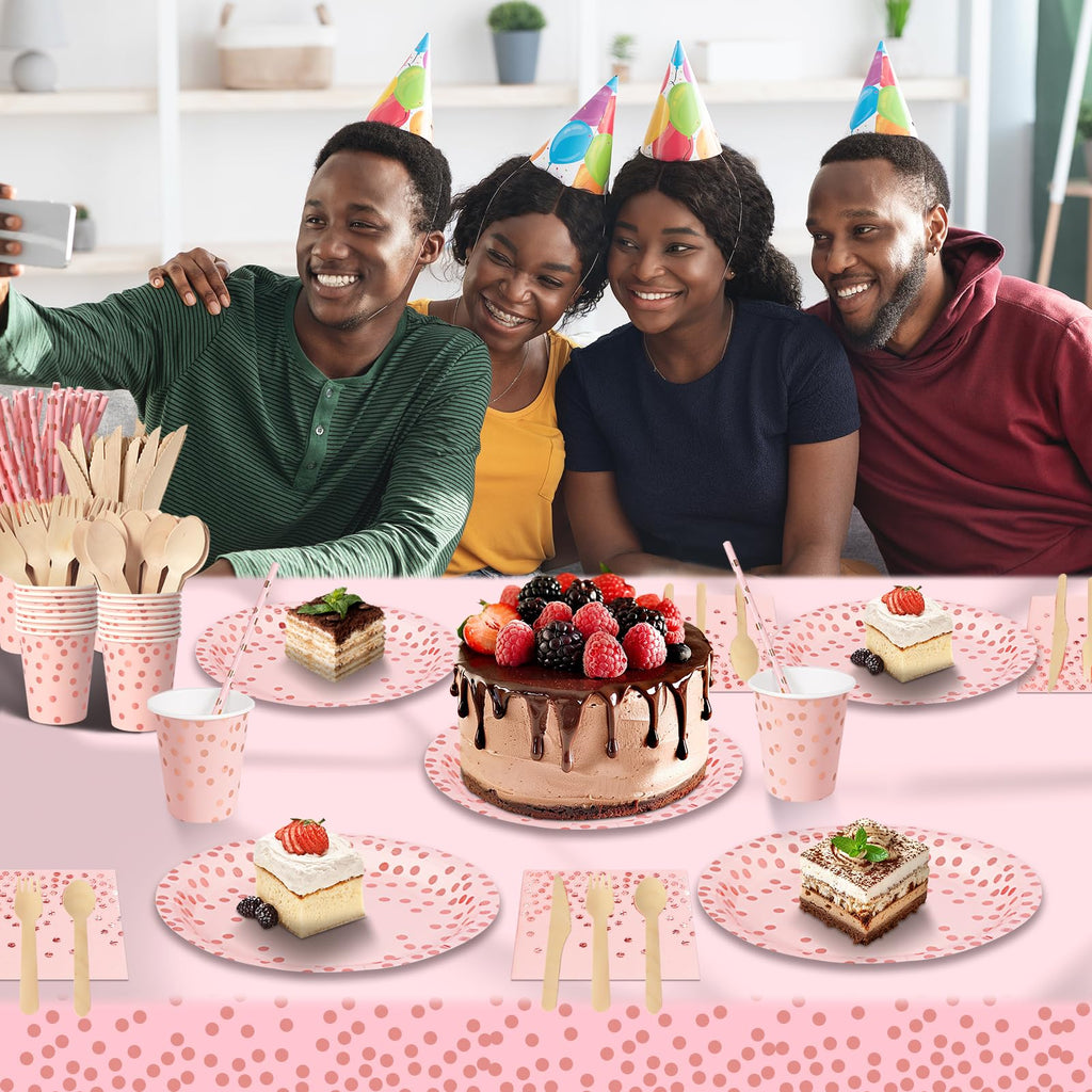 Nkaiso193Pcs Pink and Rose Gold Party Tableware, Party Paper Plates and Cutlery Set Includes Plates Cups Dinnerware Napkins, for Birthday Wedding Babyshower Decorations Supplies-24 Guests