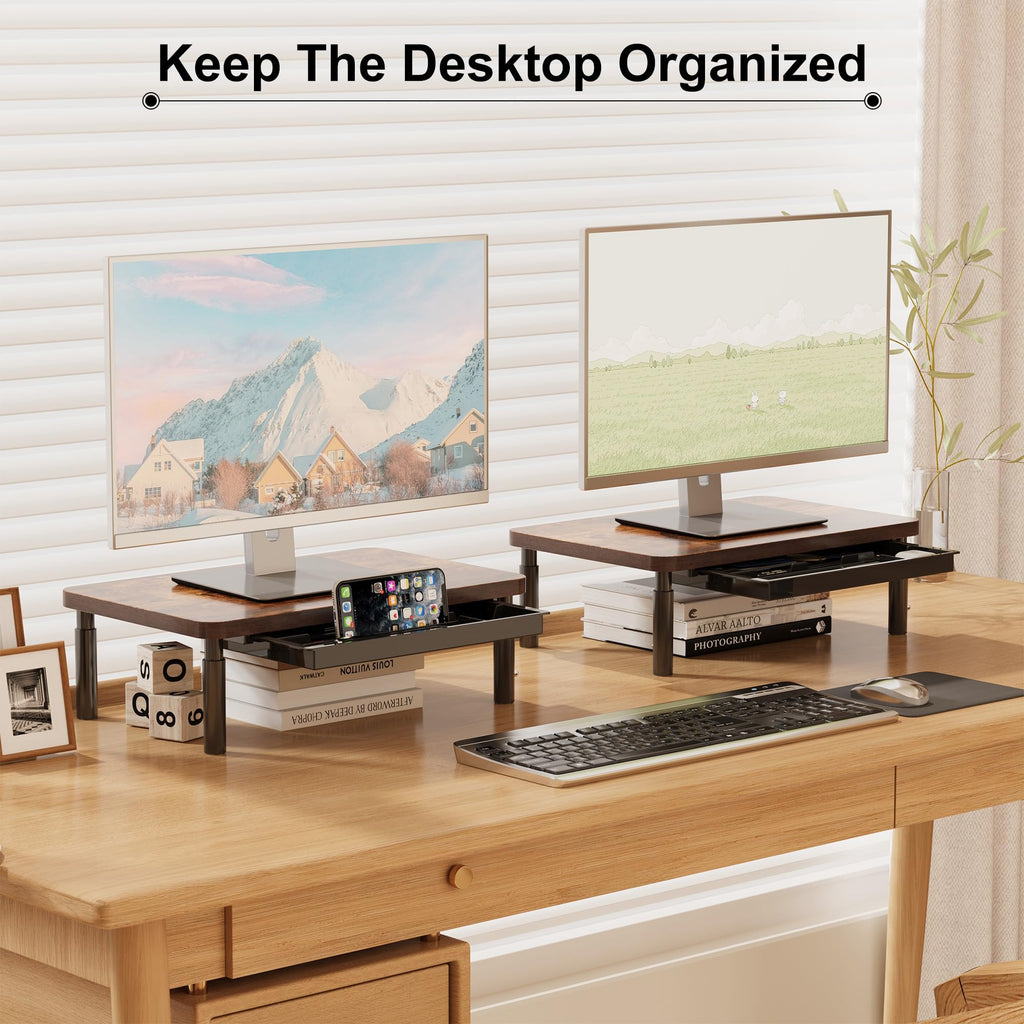 ETHU Monitor Stand for Desk, 3 Height Adjustable Computer Monitor Riser with Storage Drawer, Wood Computer Monitor Stand for Office and Home, Ergonomic Desk Stand for Printer, Laptop, PC (Walnut)